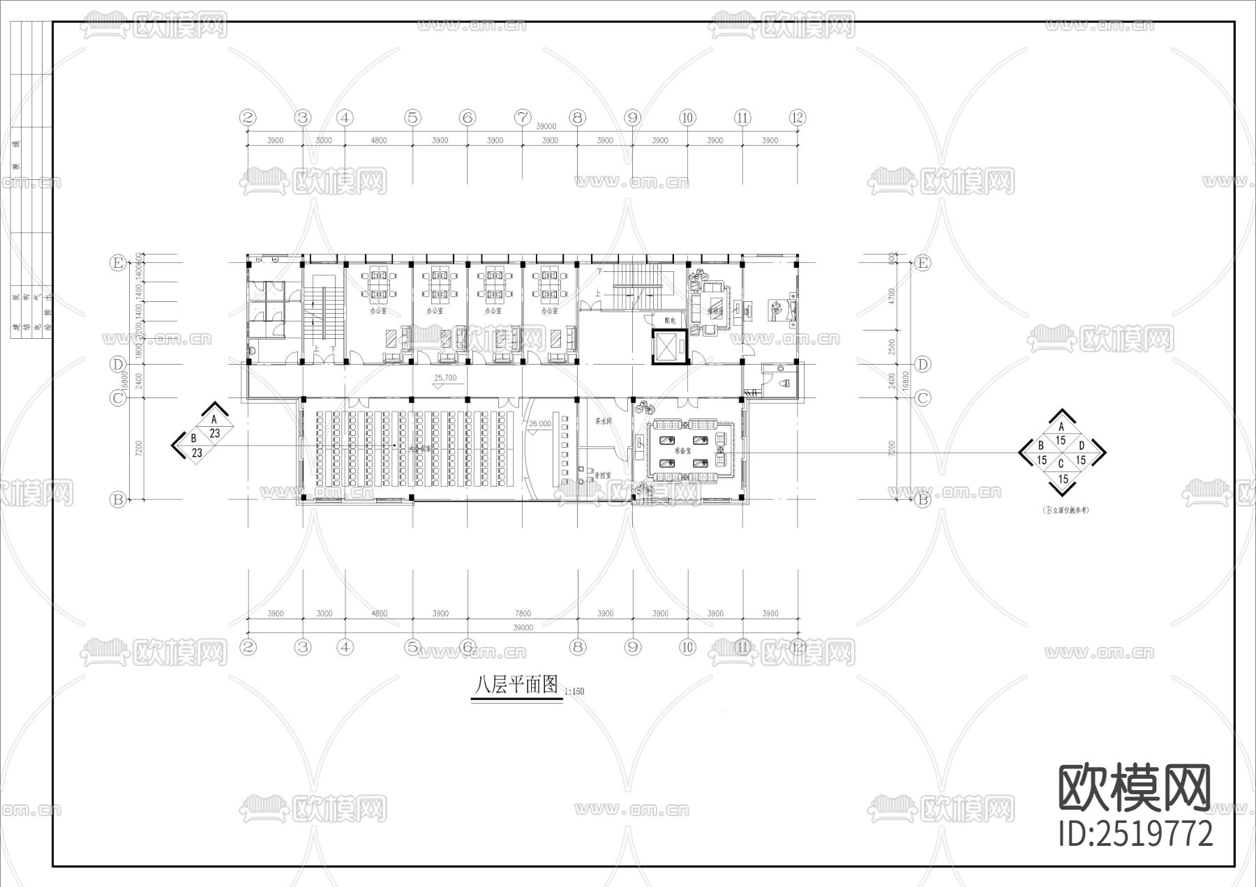 八层社保全套装修CAD施工图下载（渲染图9）