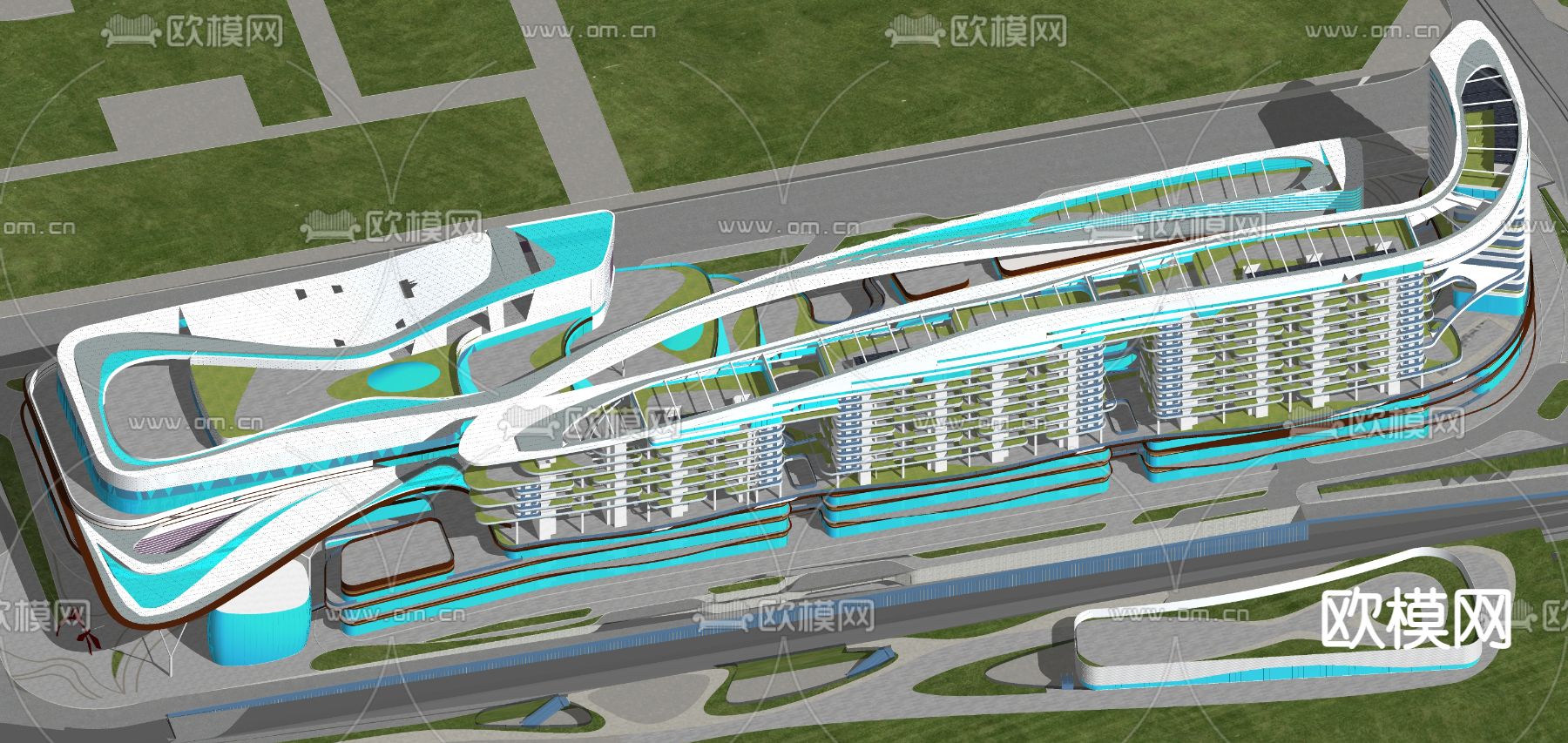 现代办公楼鸟瞰su模型下载（渲染图1）