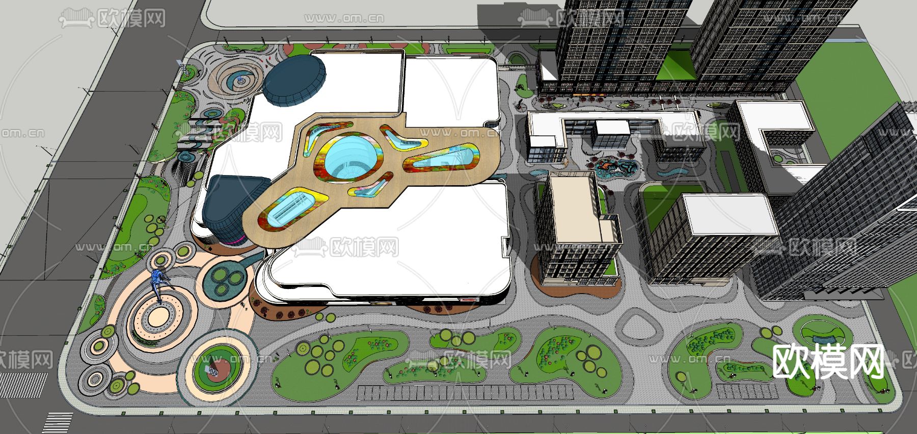 现代商业景观广场鸟瞰su模型下载（渲染图1）