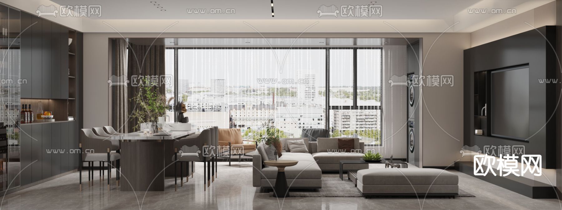 暗黑风客厅餐厅3d模型下载（渲染图3）