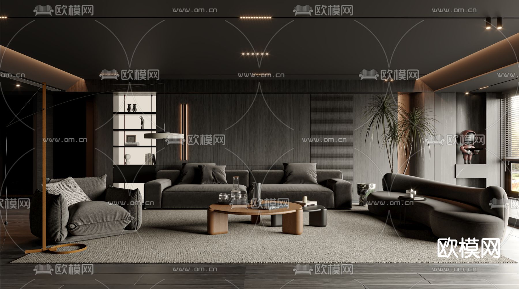 暗黑风客厅3d模型下载（渲染图1）