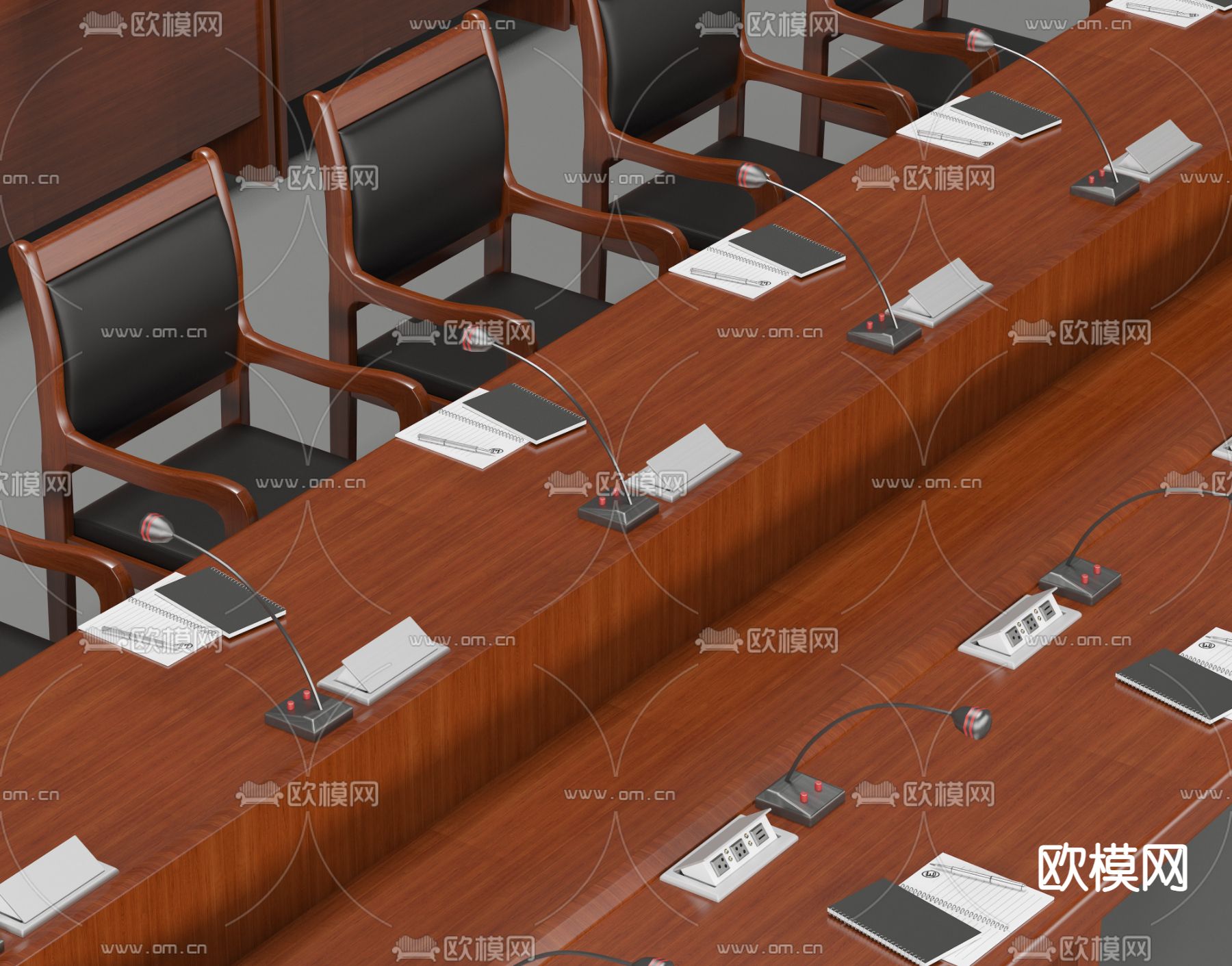 中式会议桌椅 会议台3d模型下载（渲染图3）