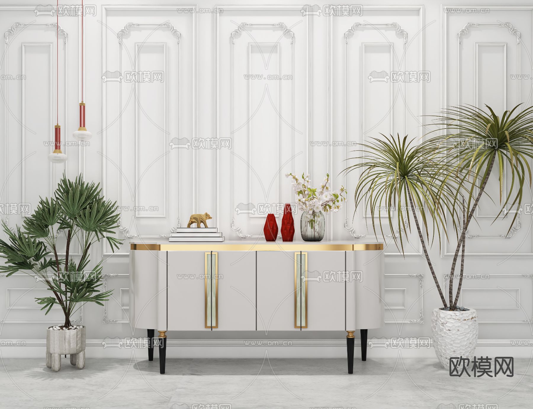 简欧轻奢边柜su模型下载（渲染图1）