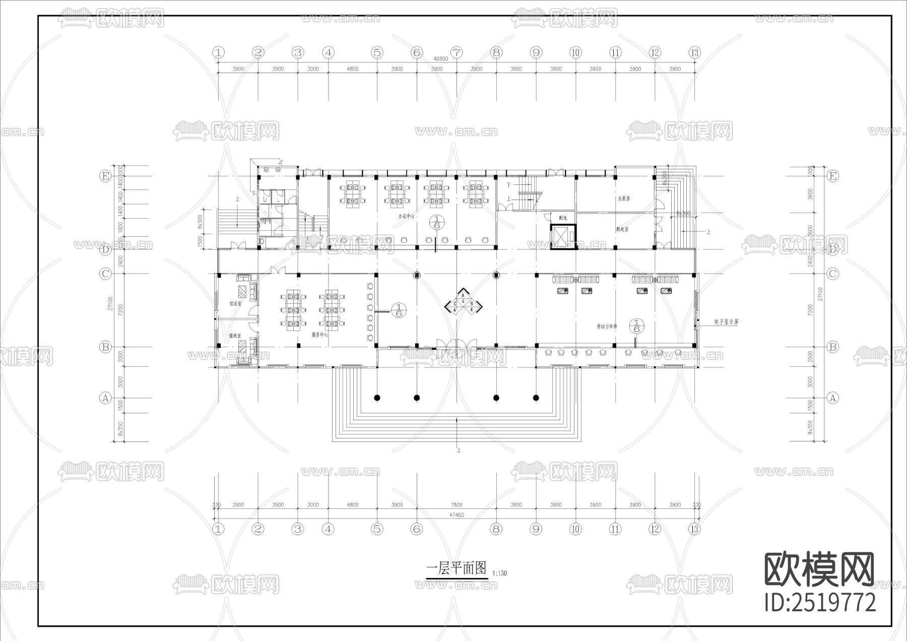 八层社保全套装修CAD施工图下载（渲染图3）