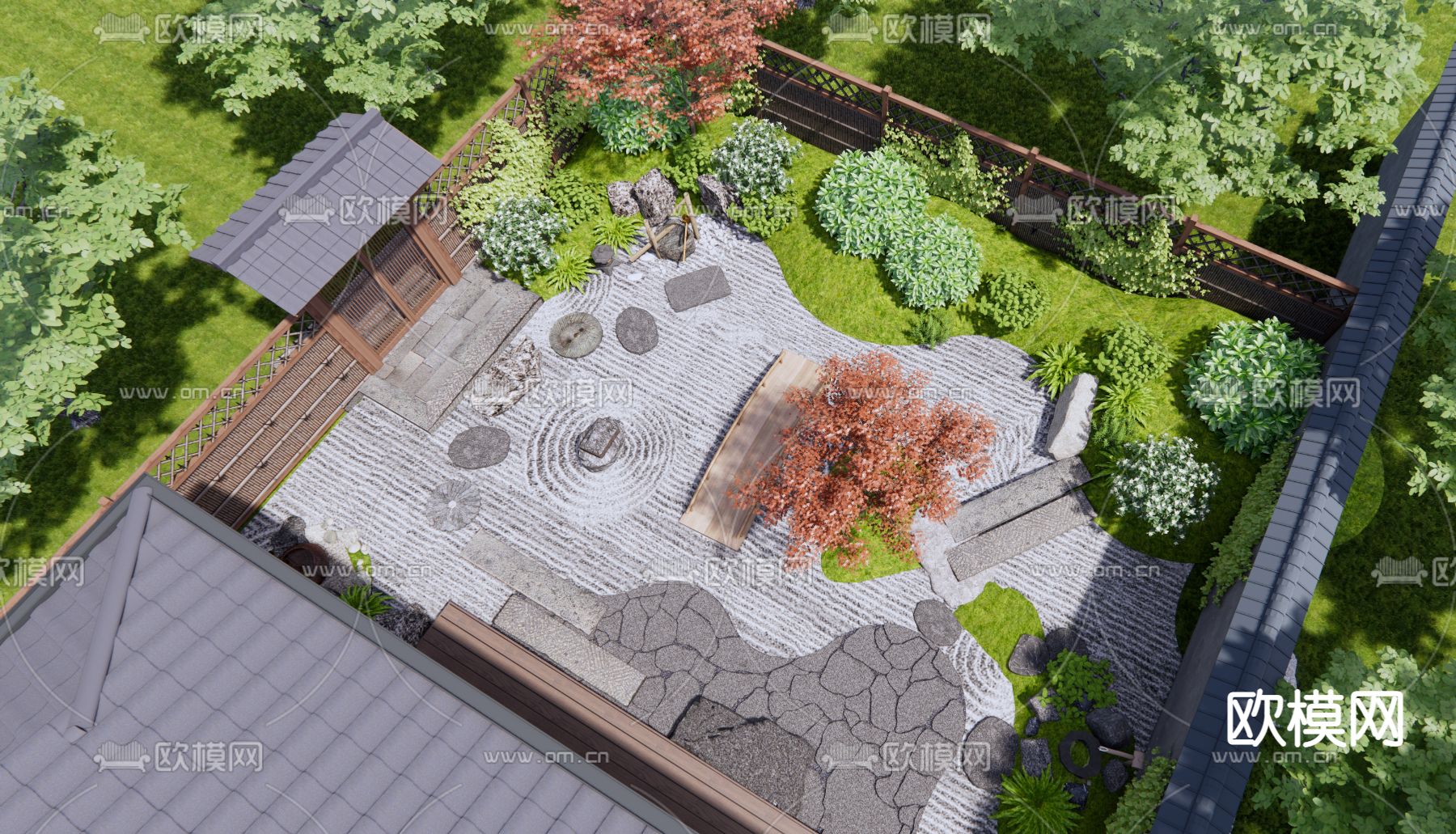 日式枯山水庭院景观su模型下载（渲染图3）