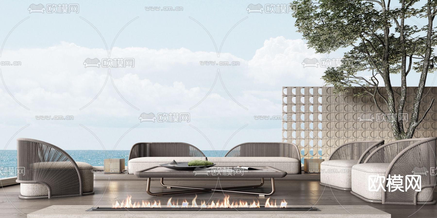 Minotti 米洛提 户外沙发 编织沙发组合su模型下载（渲染图1）