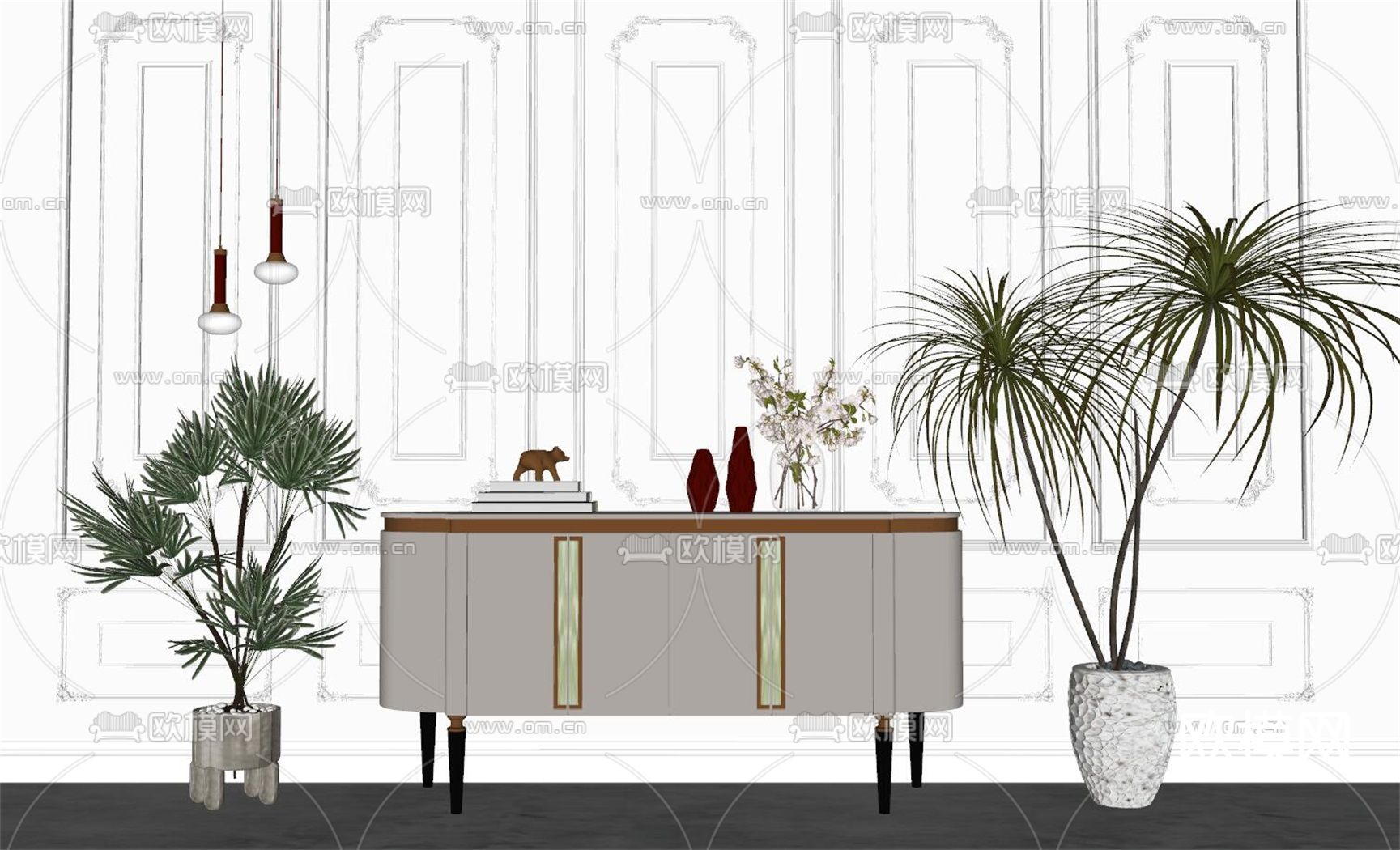 简欧轻奢边柜su模型下载（渲染图2）