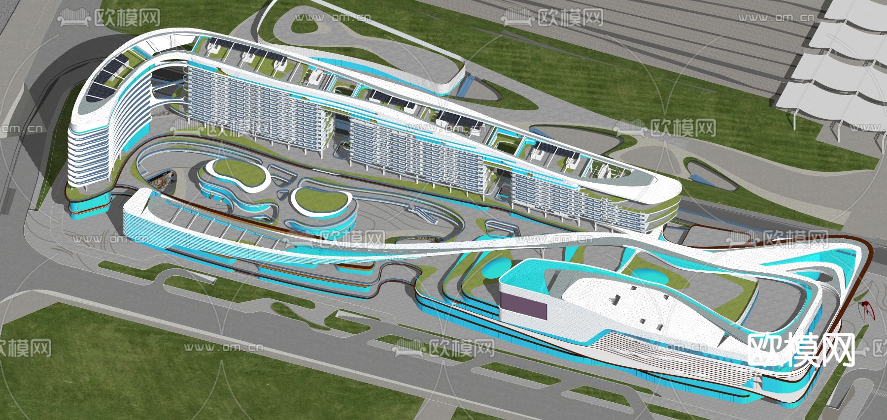 现代办公楼鸟瞰su模型下载（渲染图2）