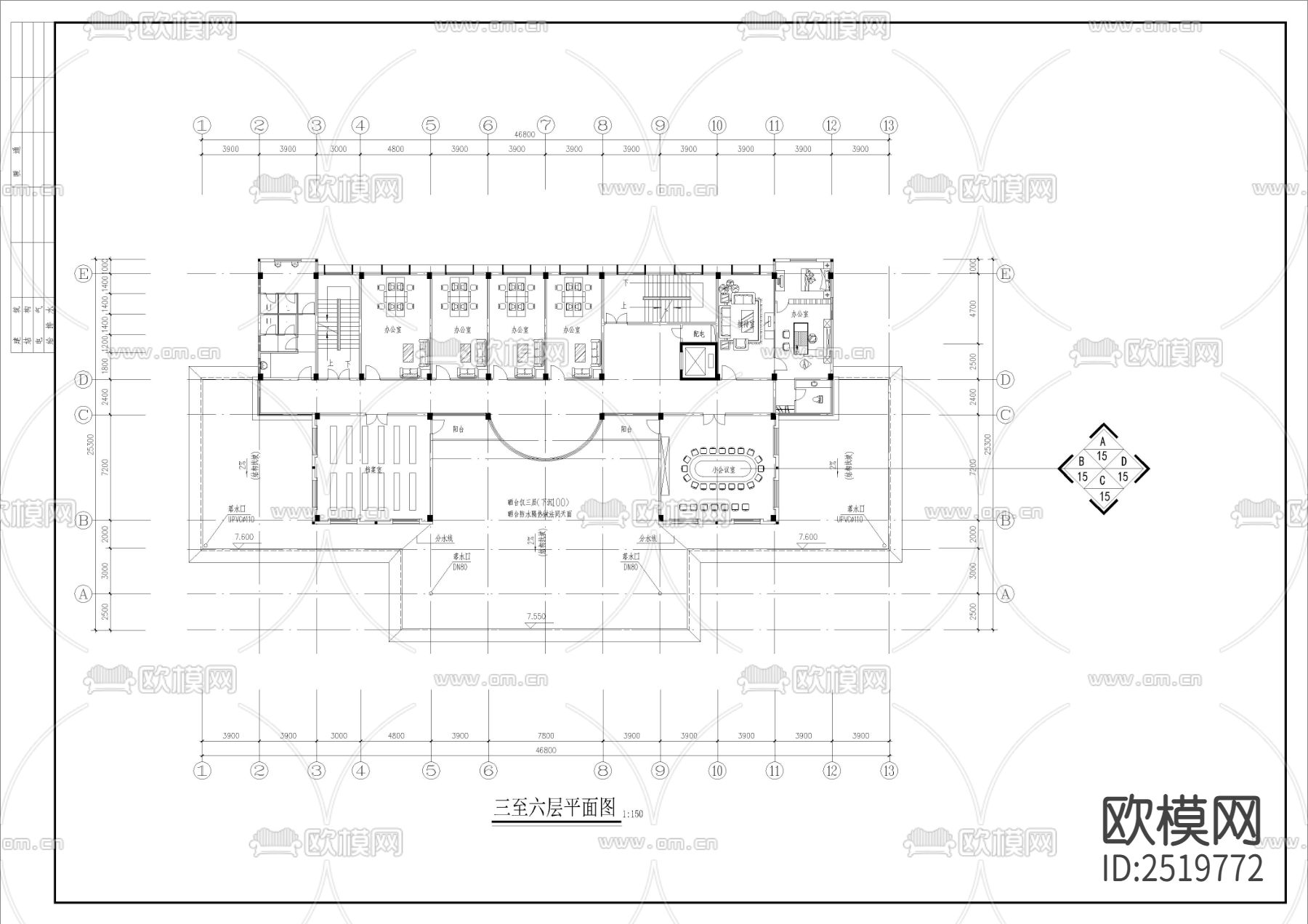 八层社保全套装修CAD施工图下载（渲染图6）