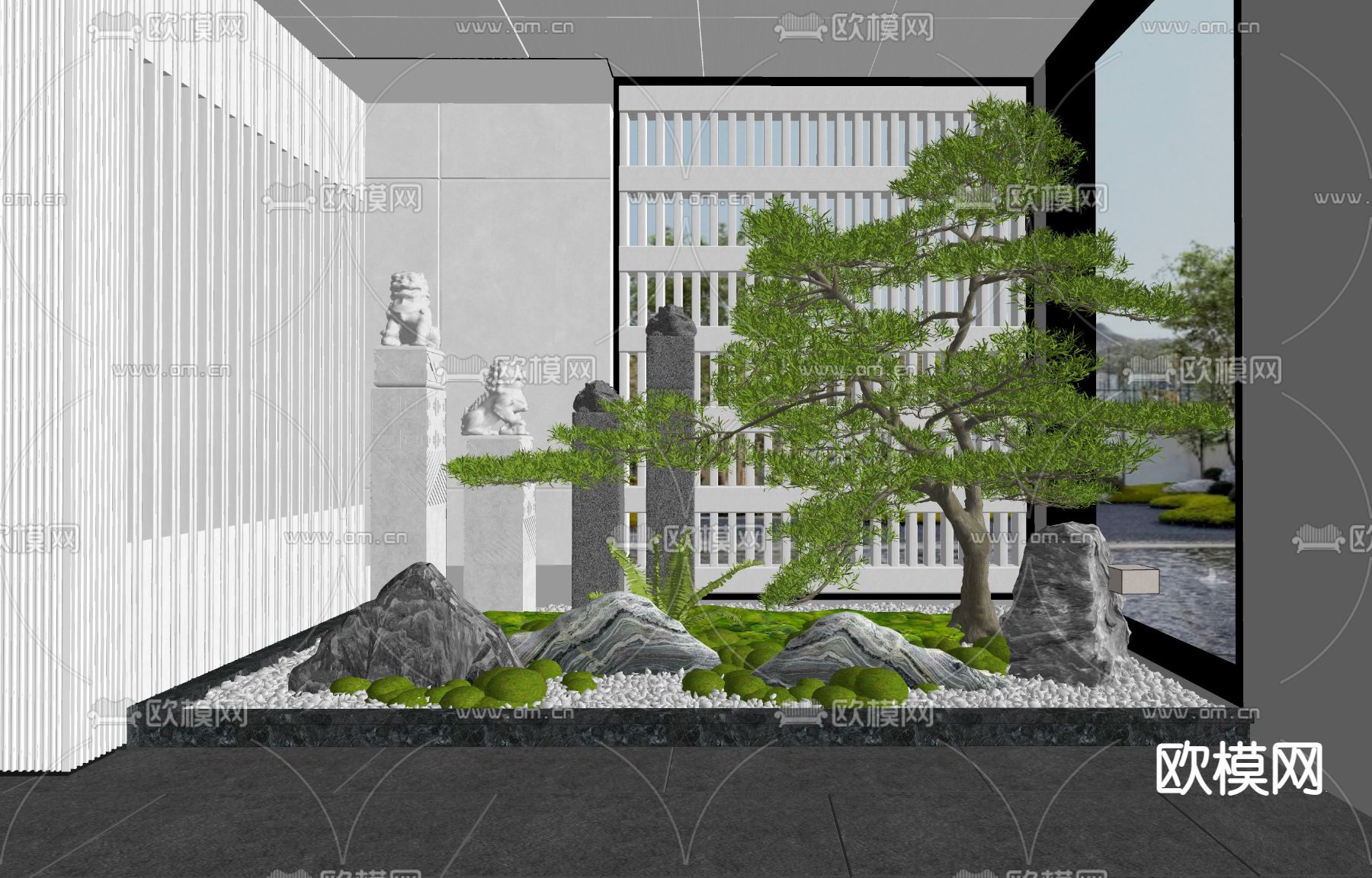 新中式室内景观造景 植物堆su模型下载（渲染图2）