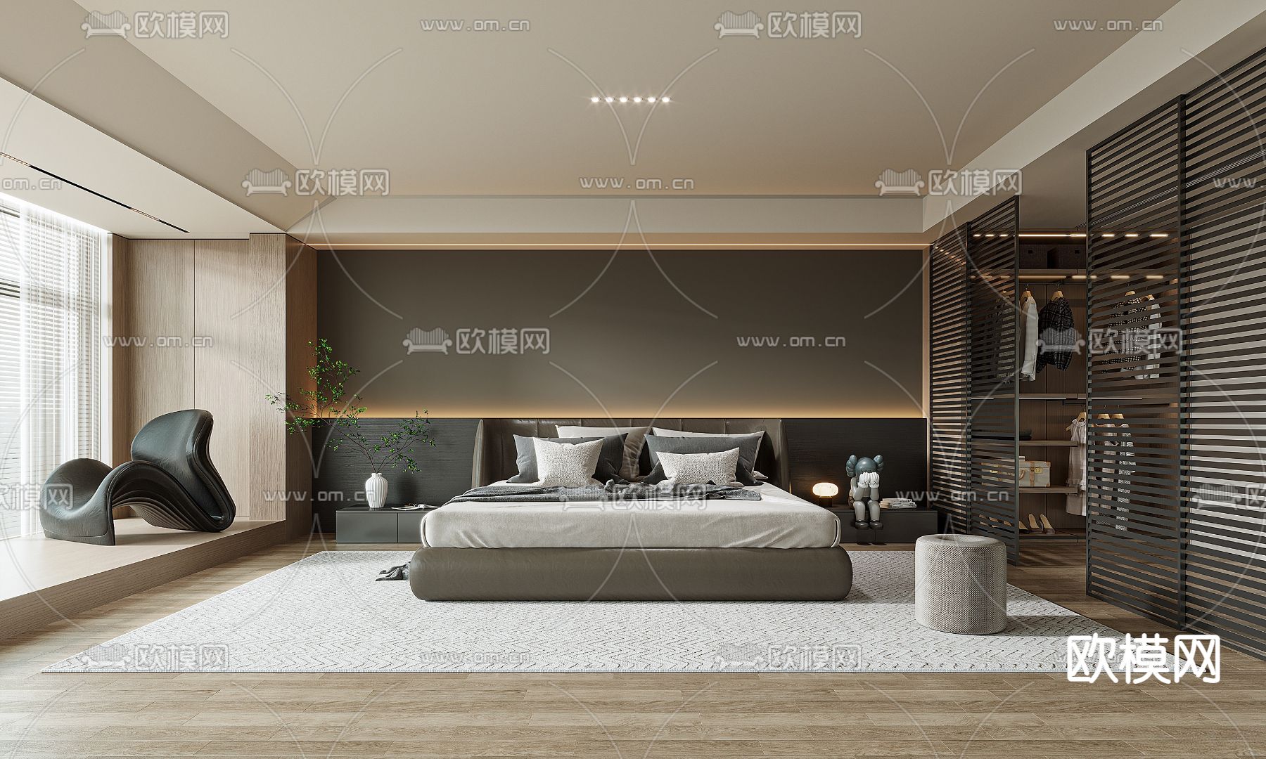 高级灰卧室su模型下载（渲染图1）