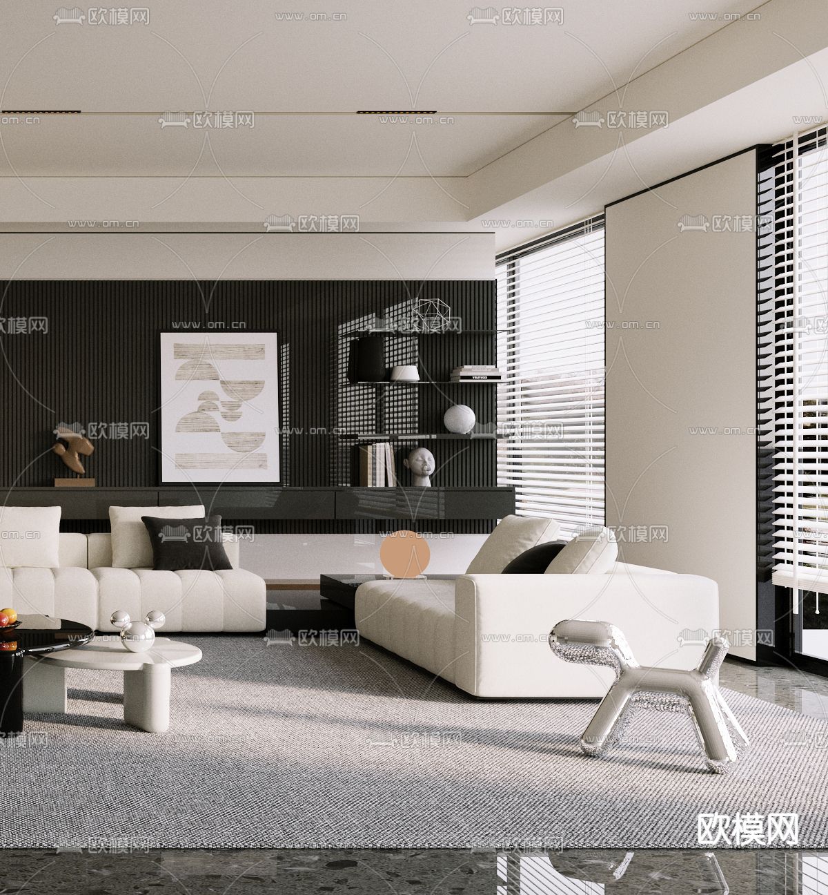 高级灰客厅3d模型下载（渲染图2）