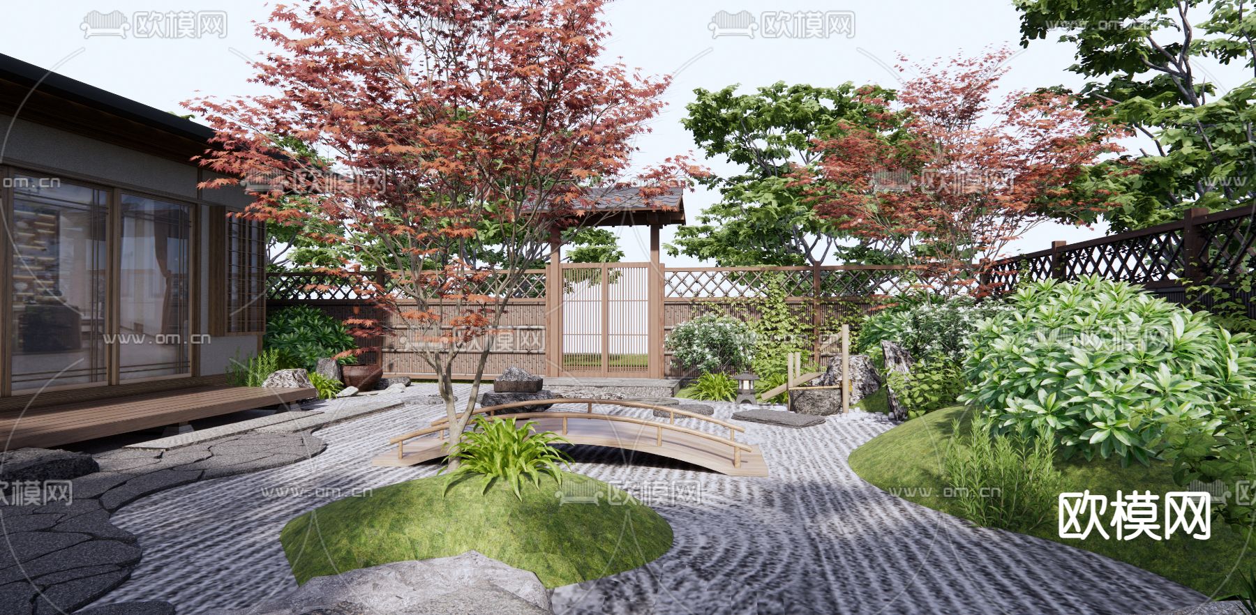 日式枯山水庭院景观su模型下载（渲染图1）