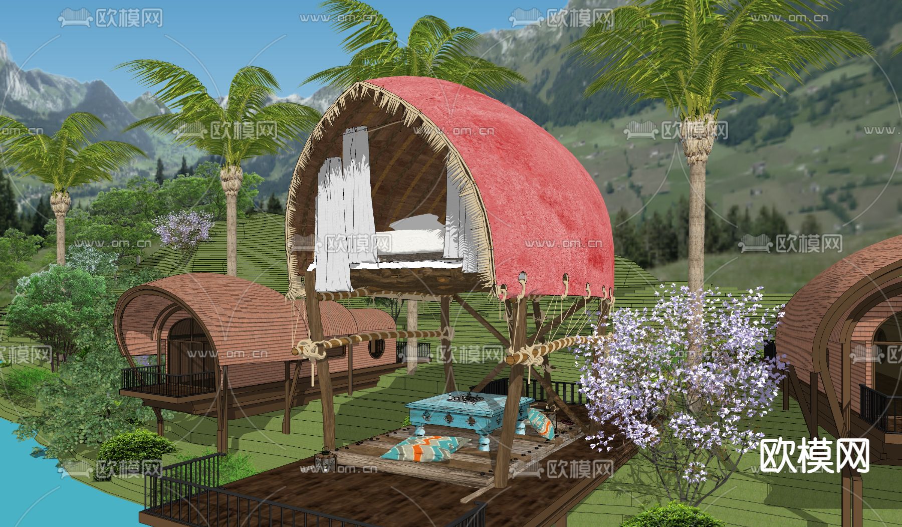 东南亚滨水船形屋 民宿外观su模型下载（渲染图2）