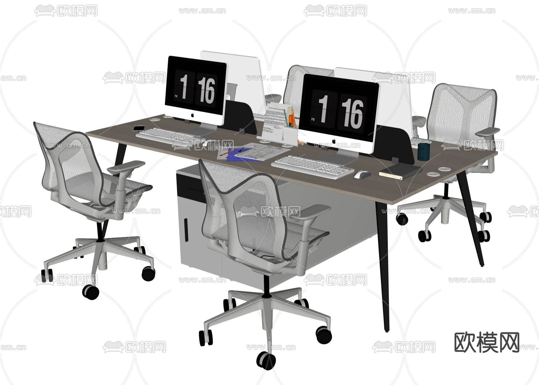 现代公共办公桌椅 屏风卡位su模型下载（渲染图2）
