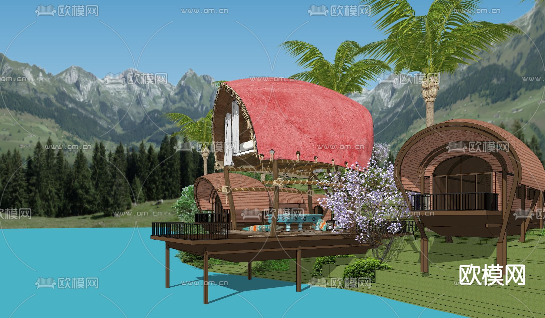 东南亚滨水船形屋 民宿外观su模型下载（渲染图4）