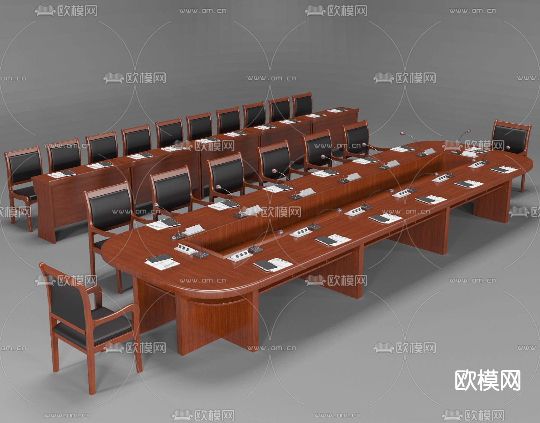 中式会议桌椅 会议台3d模型下载（渲染图2）