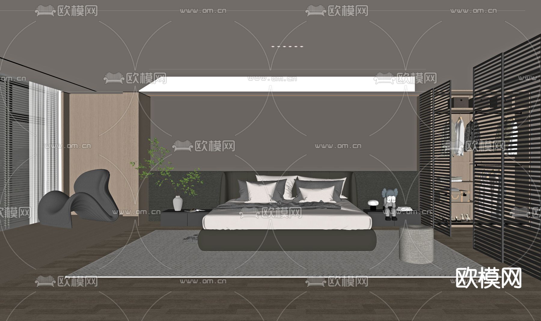 高级灰卧室su模型下载（渲染图2）