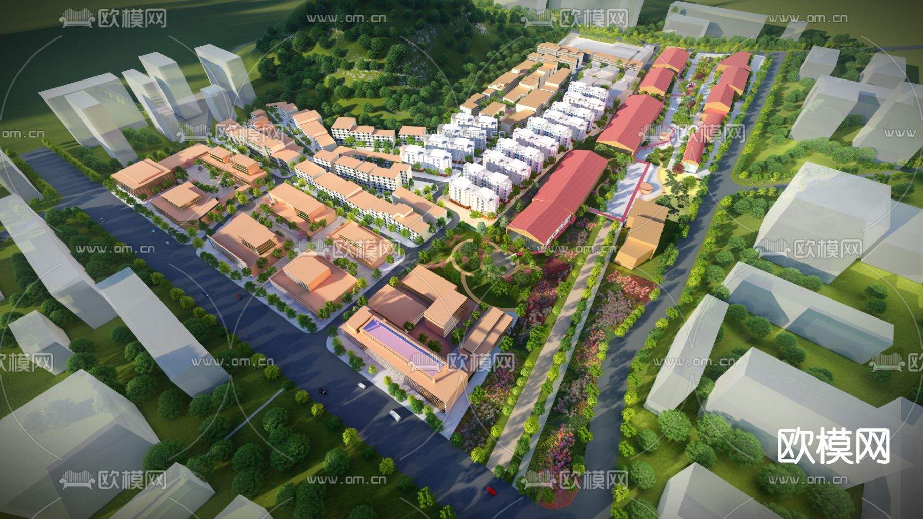 现代工业厂房鸟瞰su模型下载（渲染图1）