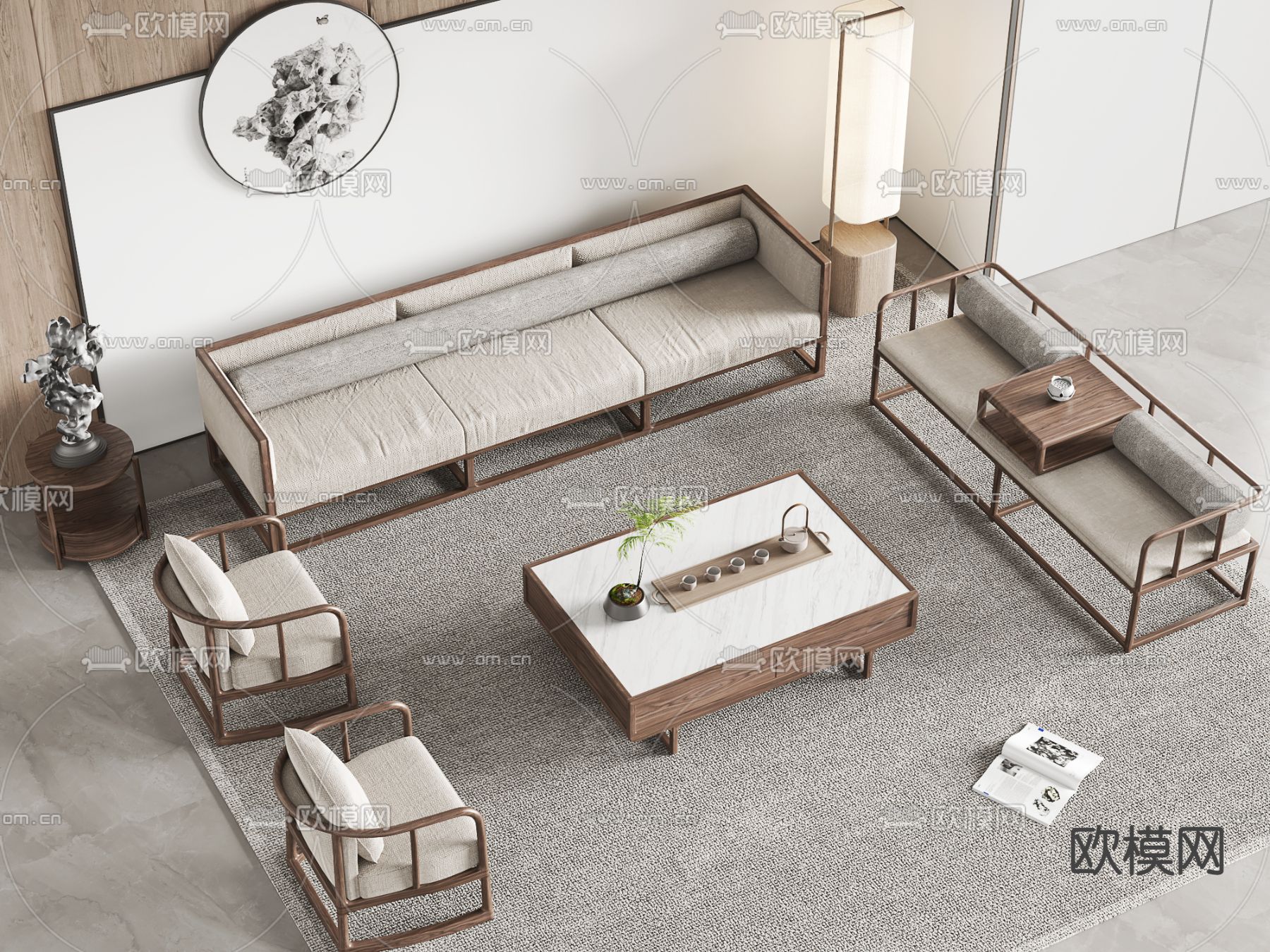新中式沙发茶几组合su模型下载（渲染图1）