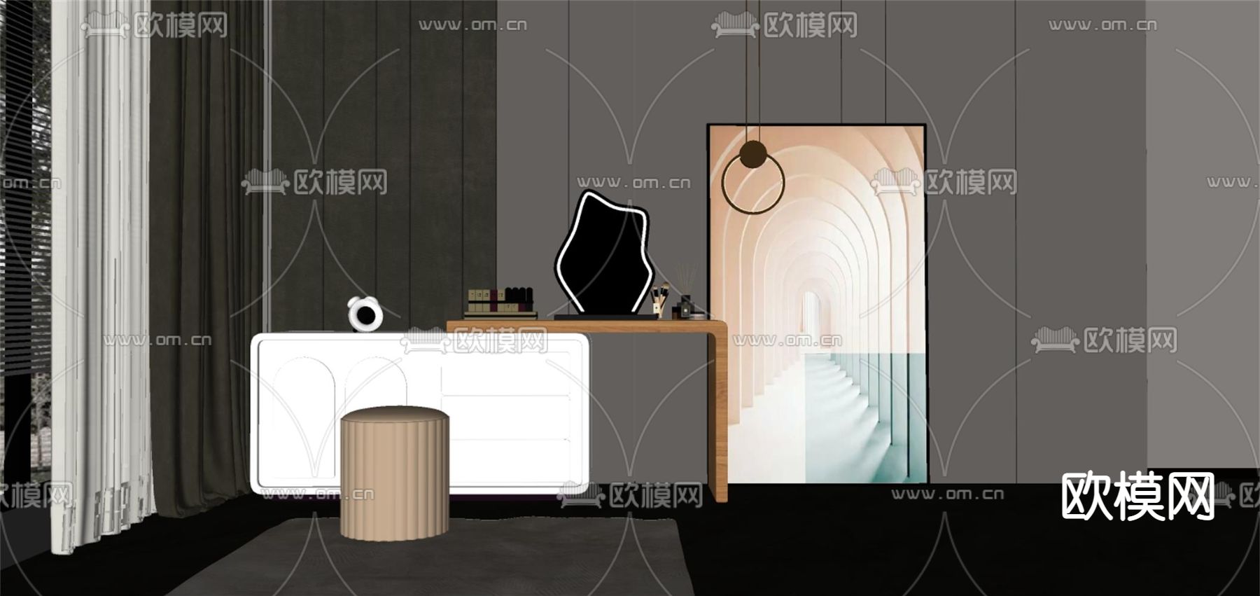 现代梳妆台su模型下载（渲染图2）