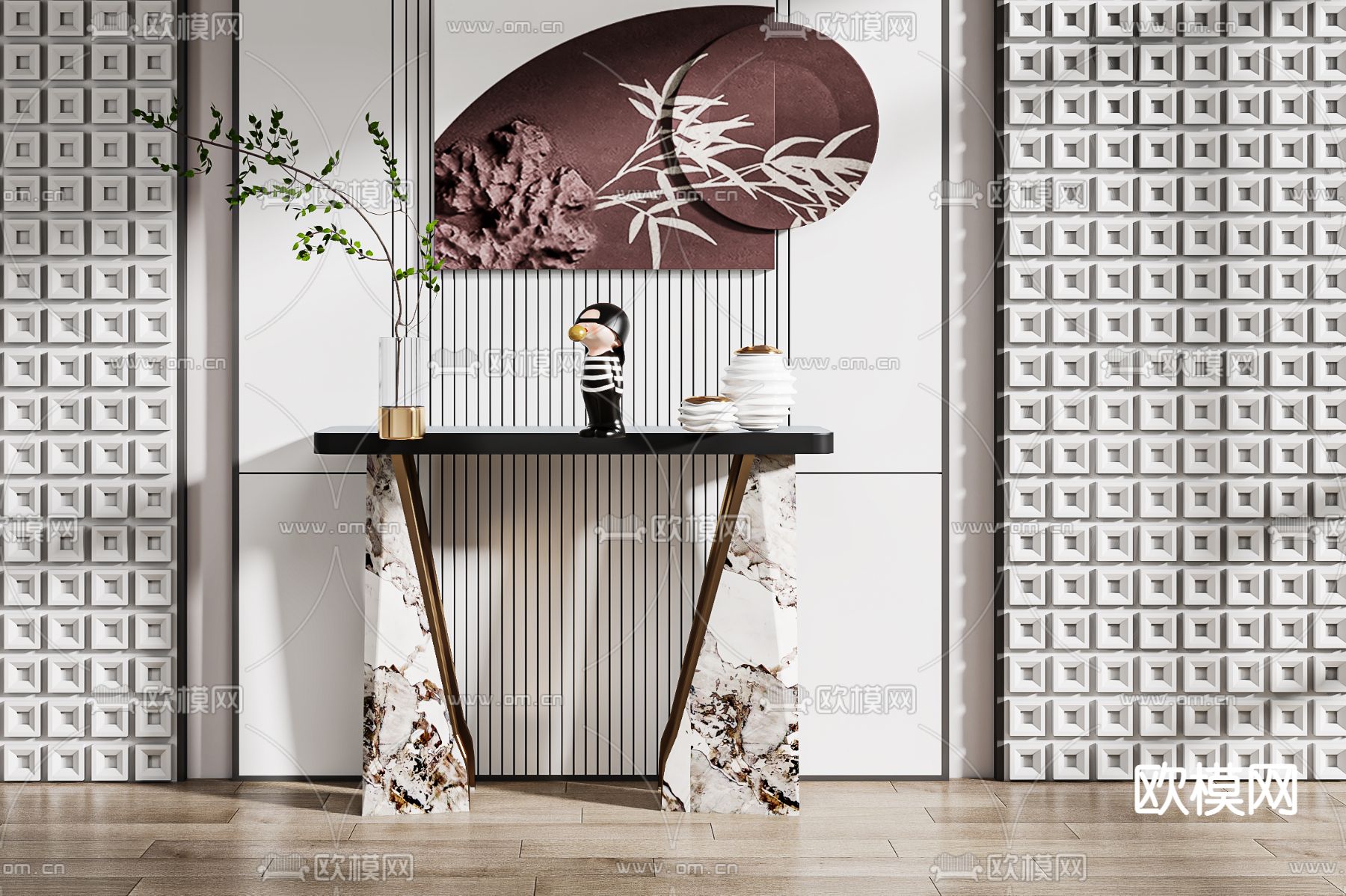 新中式端景台 条案3d模型下载（渲染图2）