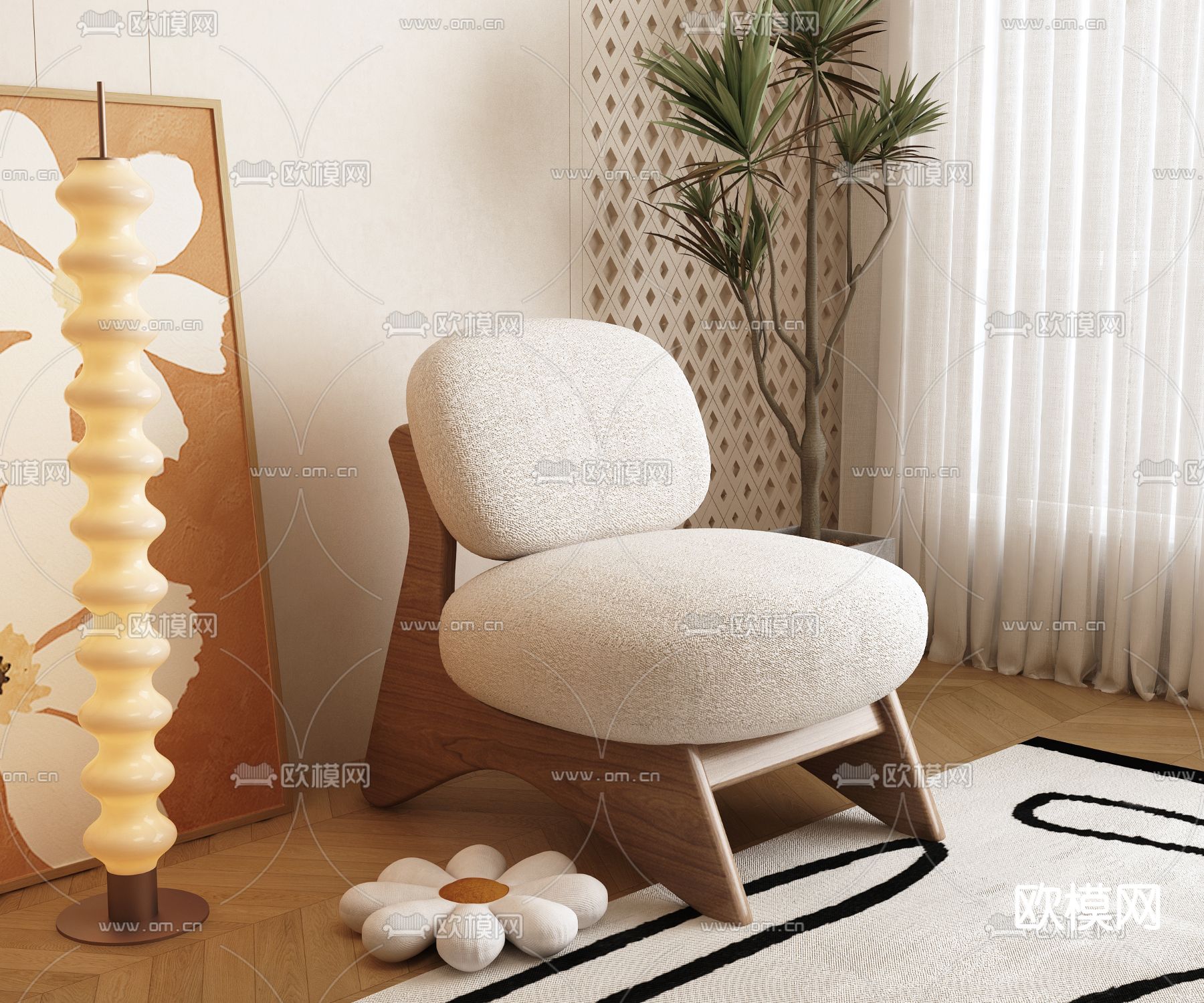 奶油风休闲椅子3d模型下载