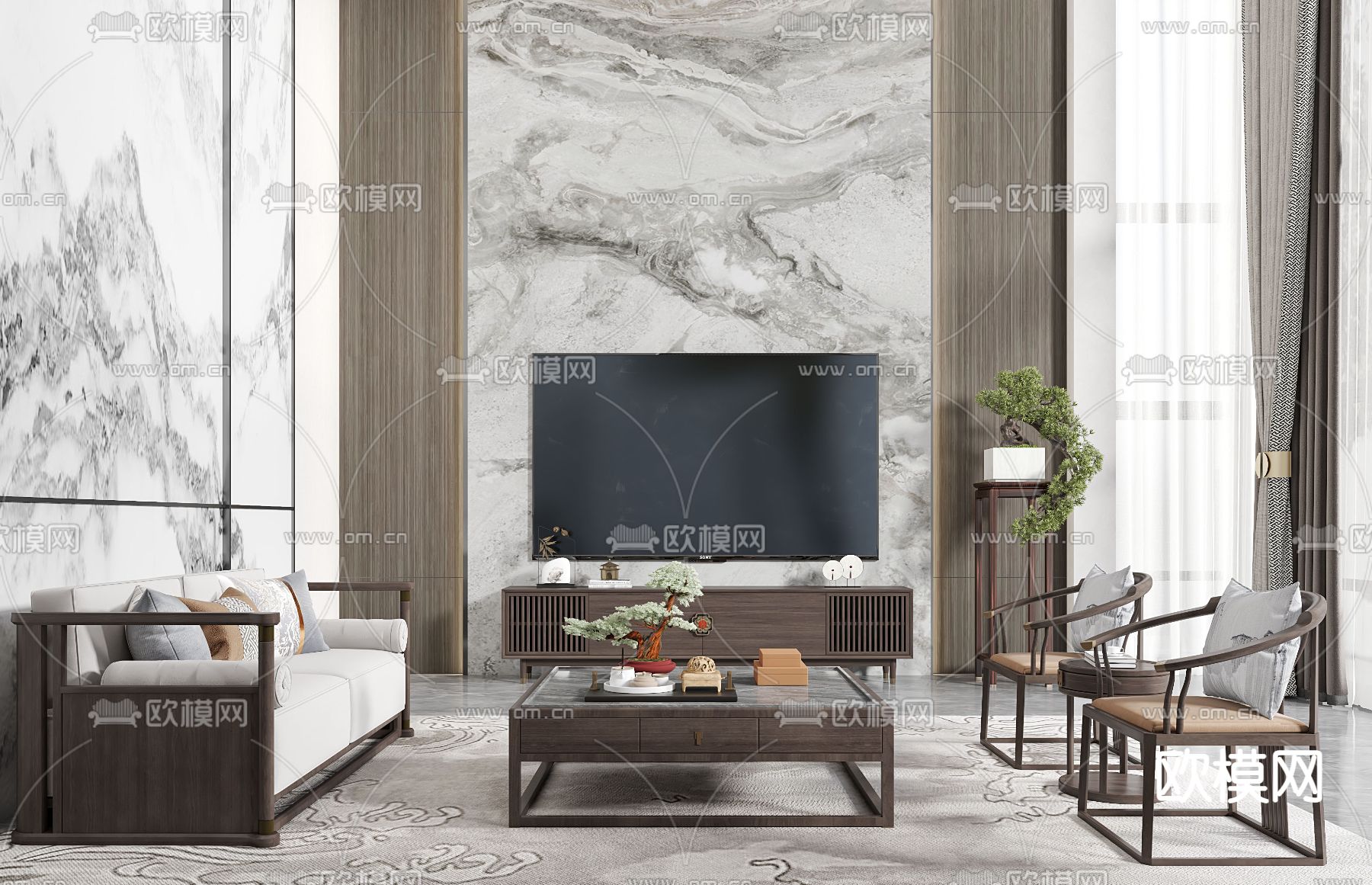 新中式别墅客餐厅 别墅大堂3d模型下载（渲染图2）