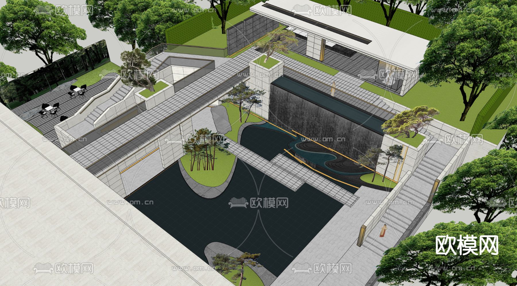 新中式下沉庭院su模型下载（渲染图3）