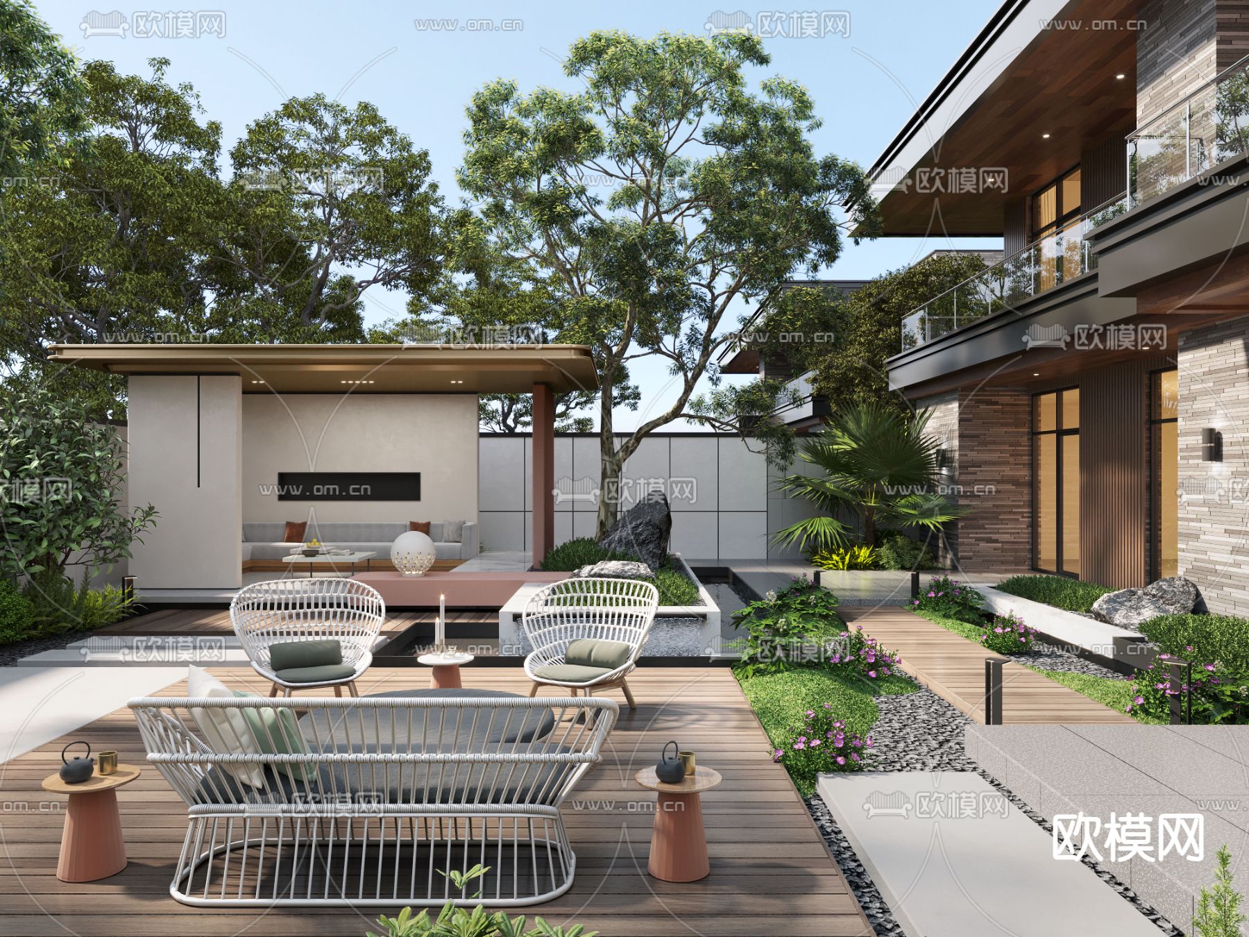 现代别墅庭院 阳台花园3d模型下载（渲染图1）