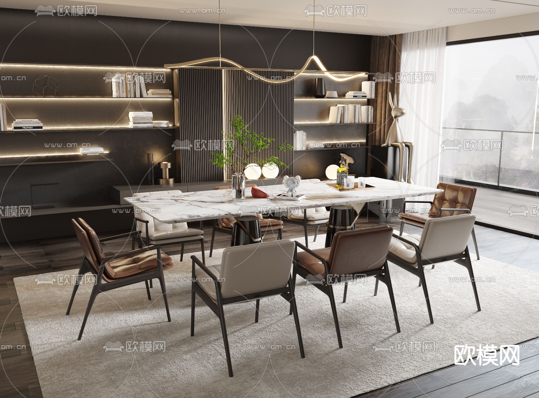 条形餐桌椅3d模型下载