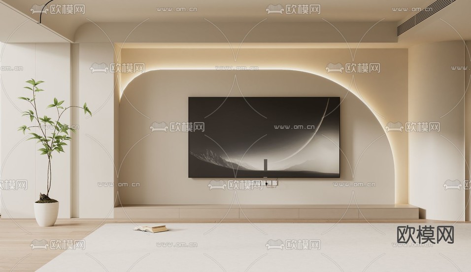 奶油风电视背景墙3d模型下载
