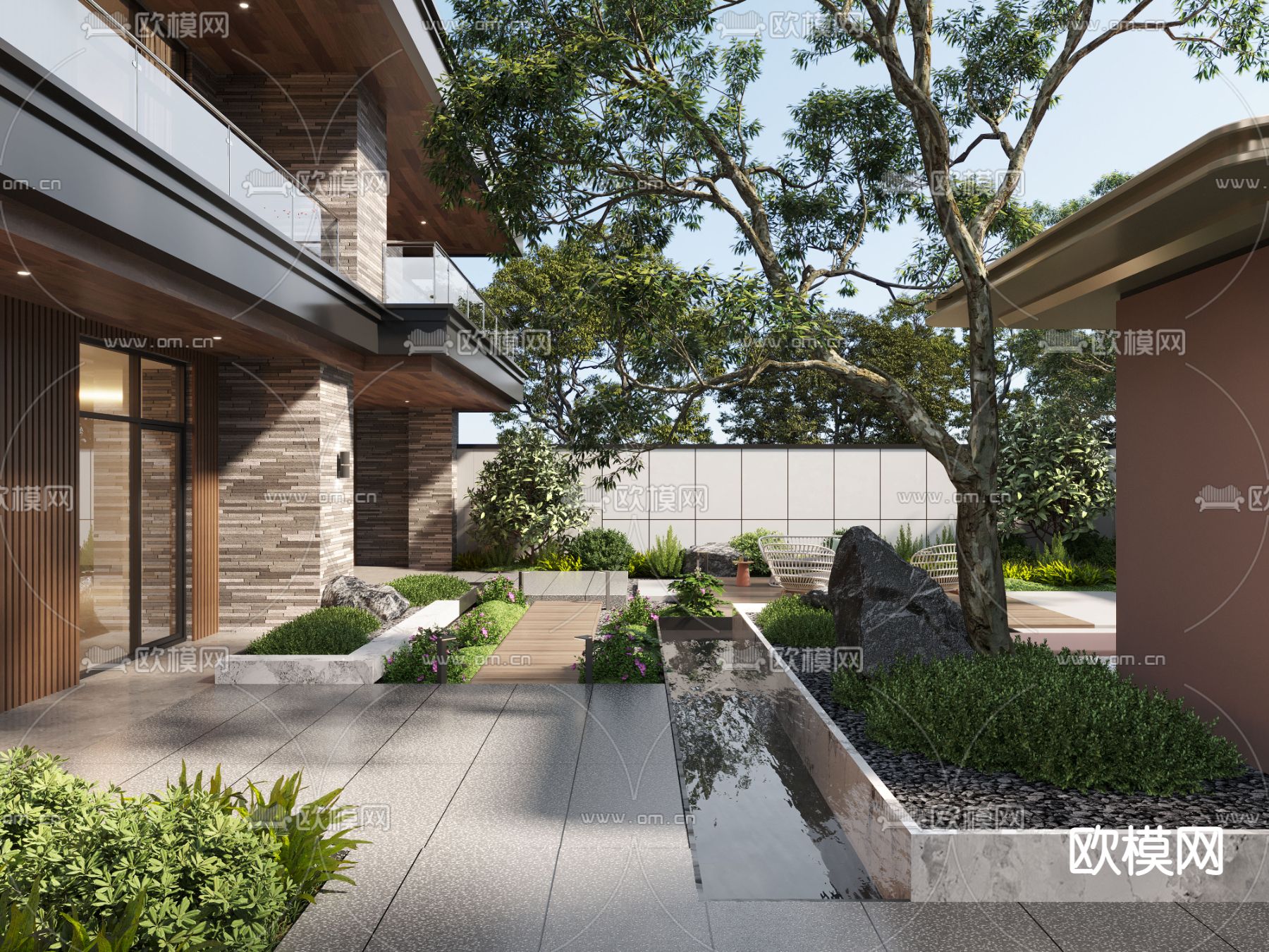 现代别墅庭院 阳台花园3d模型下载（渲染图2）