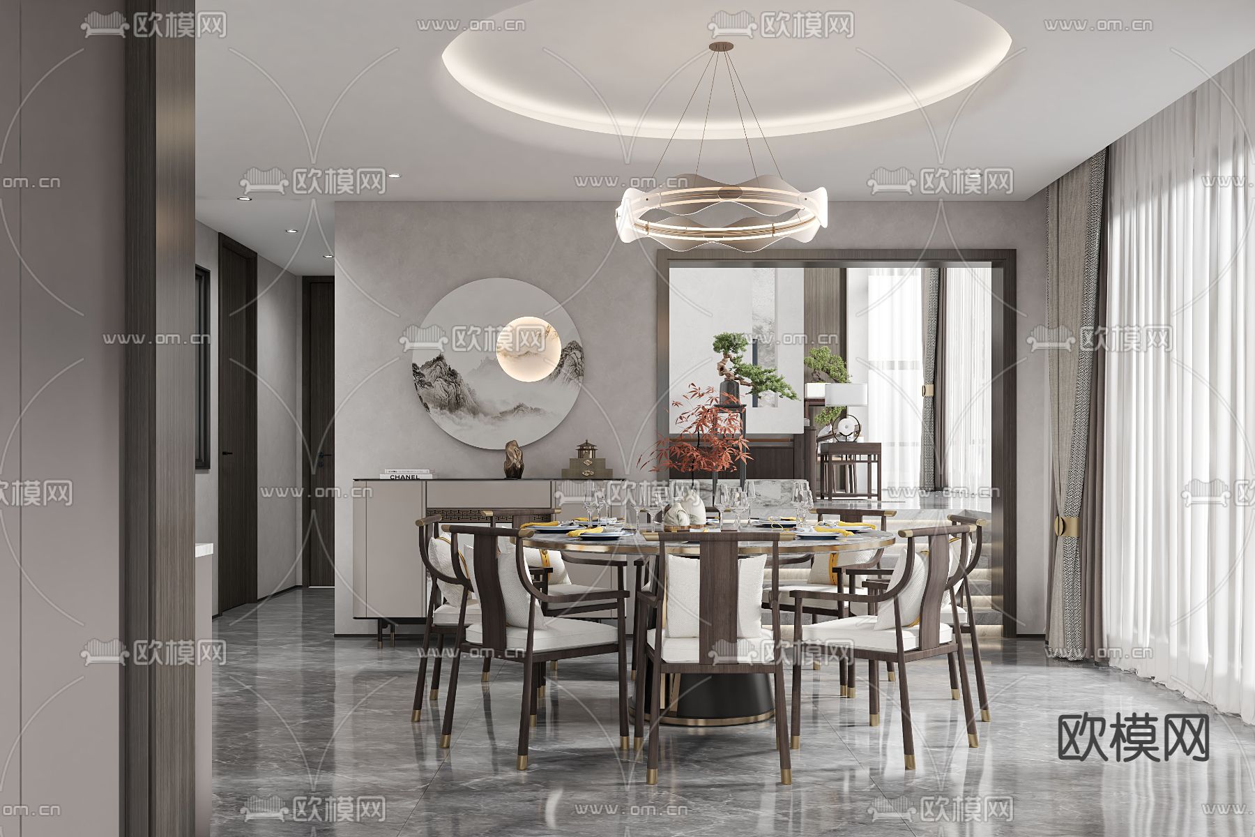 新中式别墅客餐厅 别墅大堂3d模型下载（渲染图3）