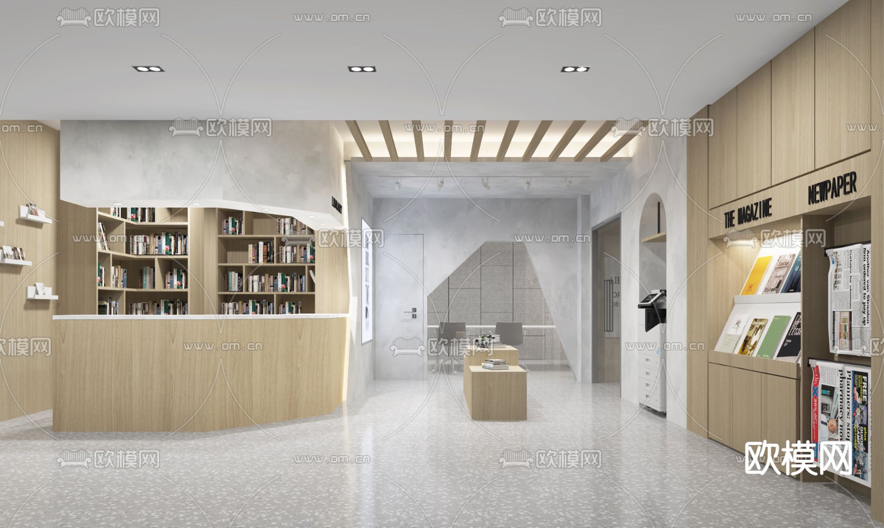 现代图书馆 阅览室su模型下载（渲染图1）