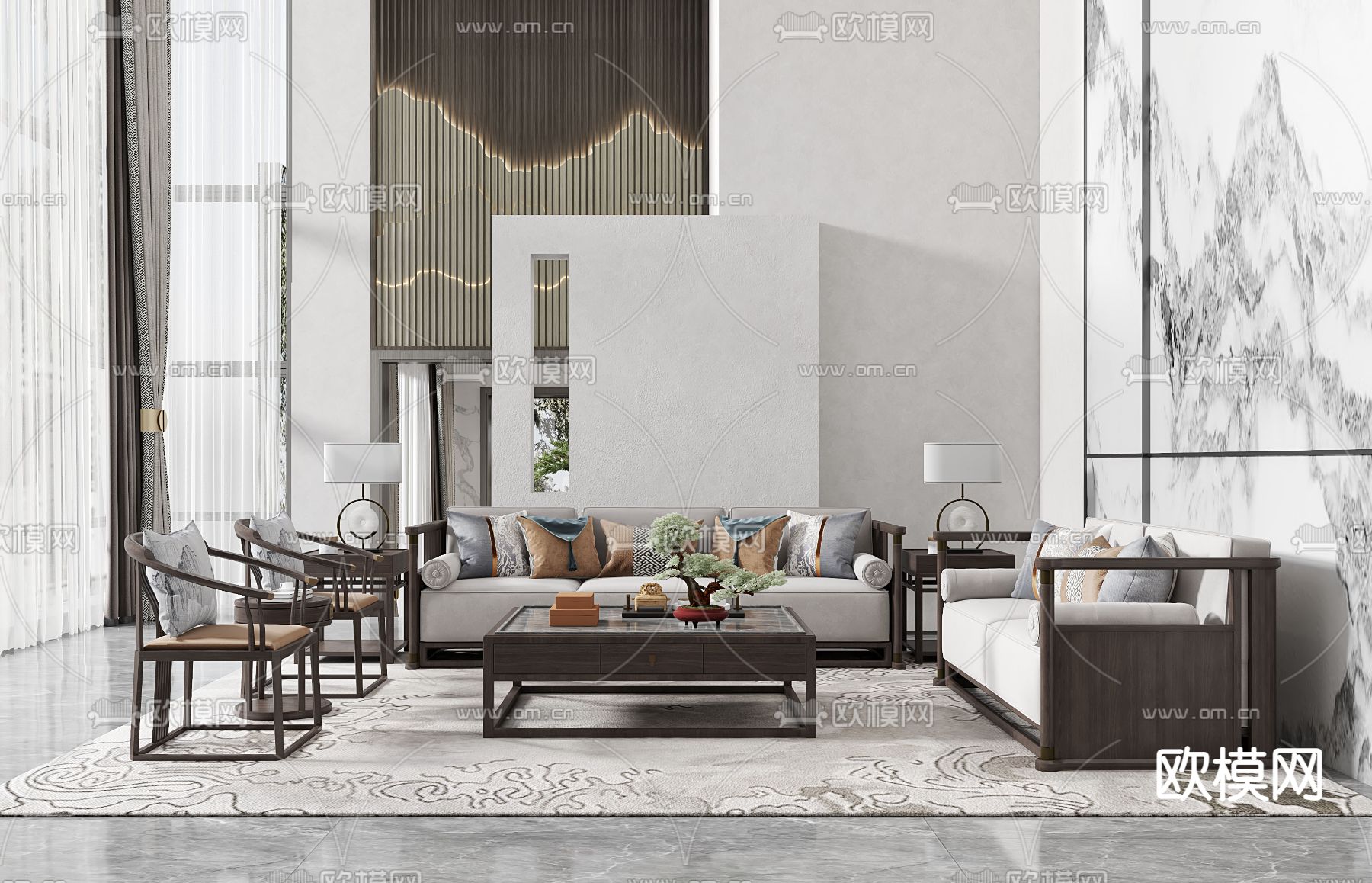 新中式别墅客餐厅 别墅大堂3d模型下载（渲染图1）