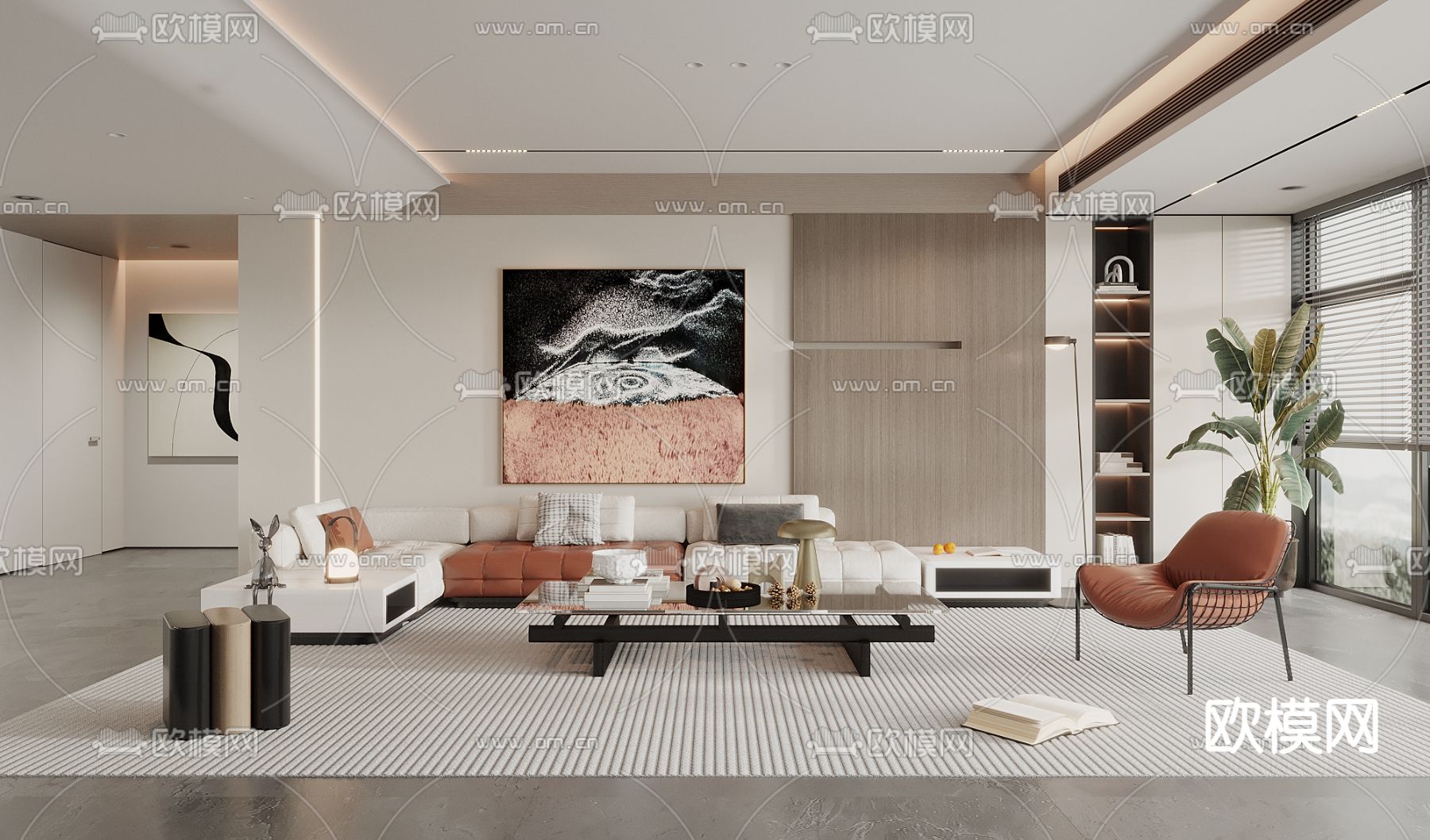 奶油风客厅3d模型下载