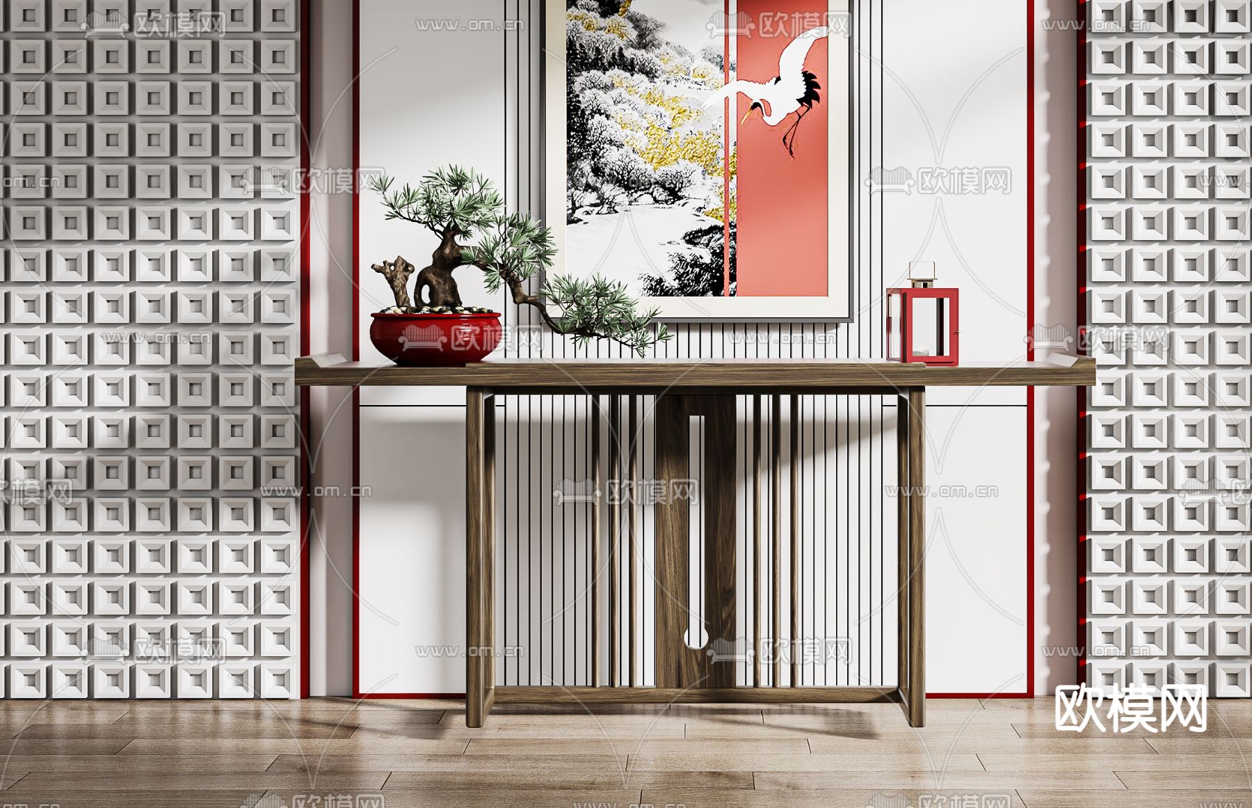 新中式端景台 条案3d模型下载（渲染图2）
