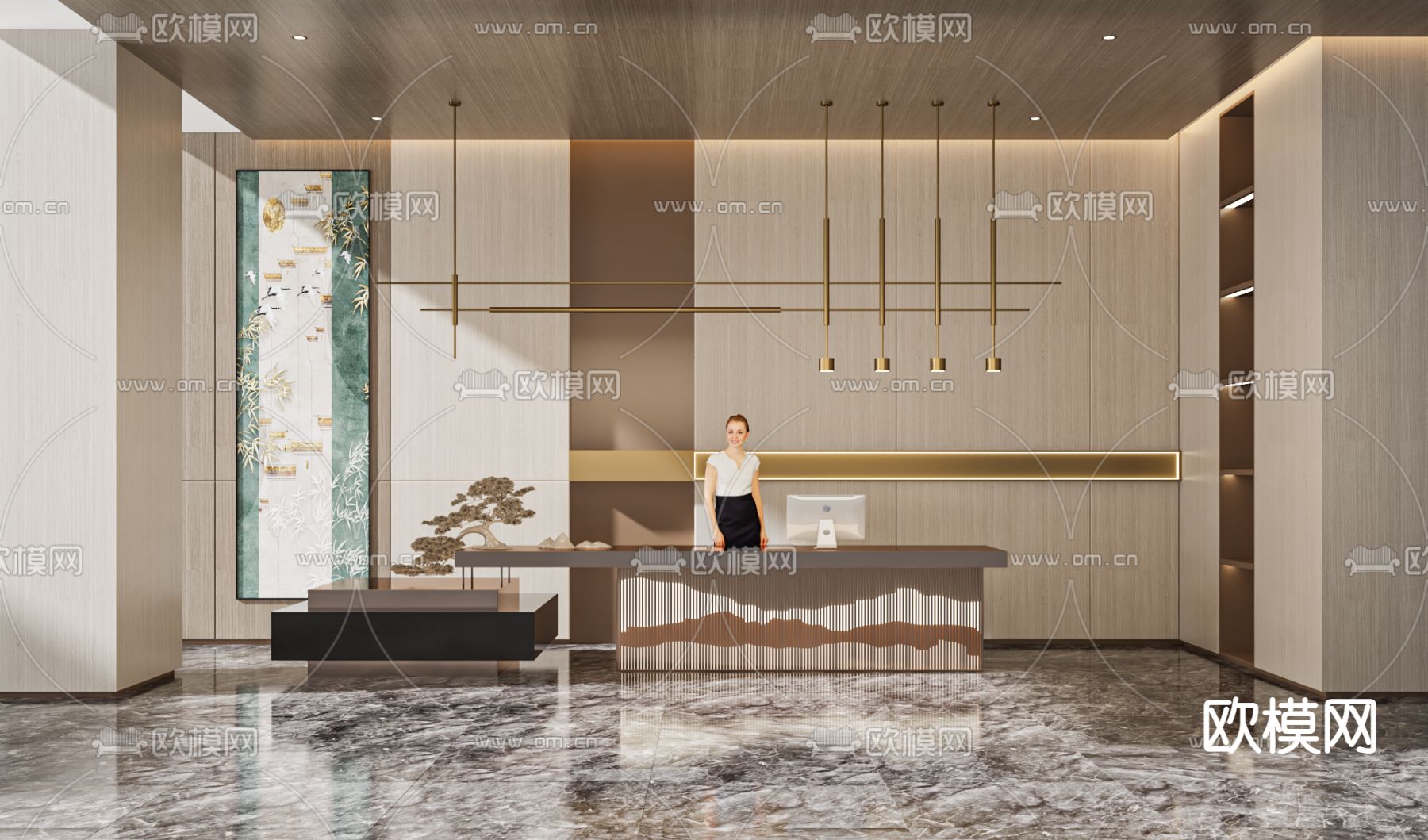 新中式办公前台 接待台3d模型下载_ID13029687_3dmax免费模型-欧模网