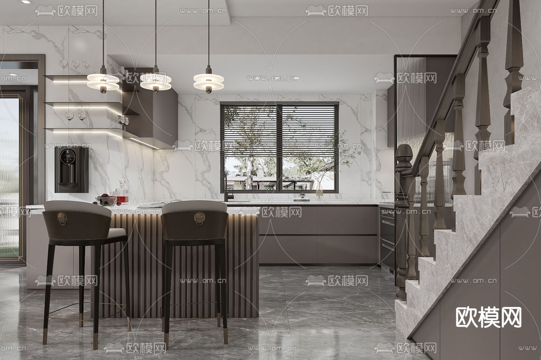 新中式别墅客餐厅 别墅大堂3d模型下载（渲染图4）