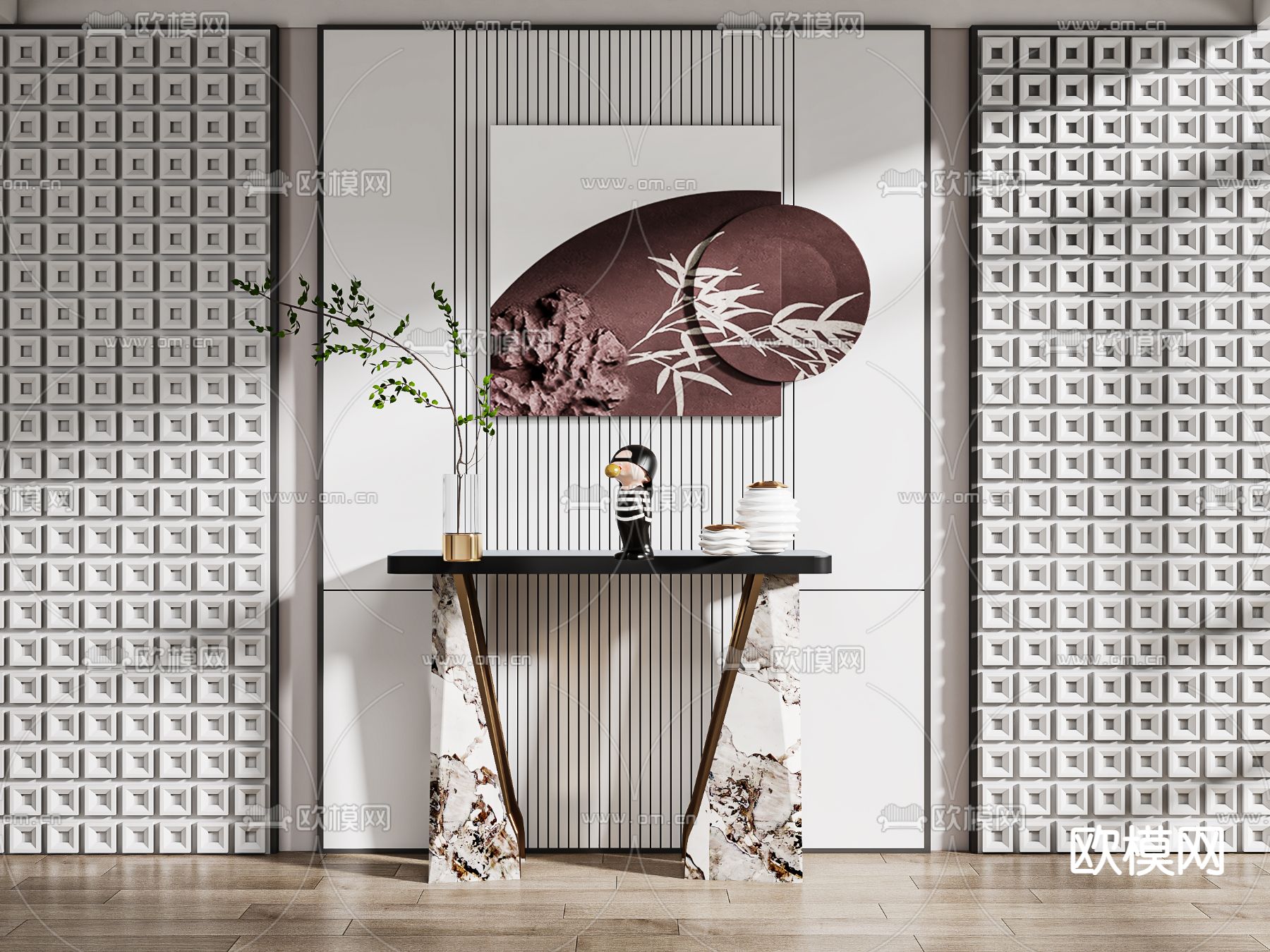 新中式端景台 条案3d模型下载（渲染图1）