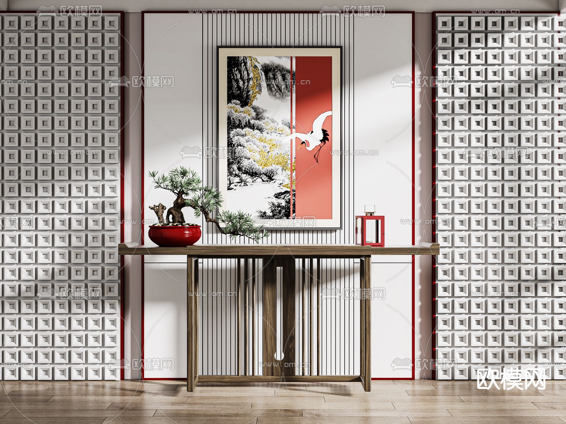 新中式端景台 条案3d模型下载（渲染图1）