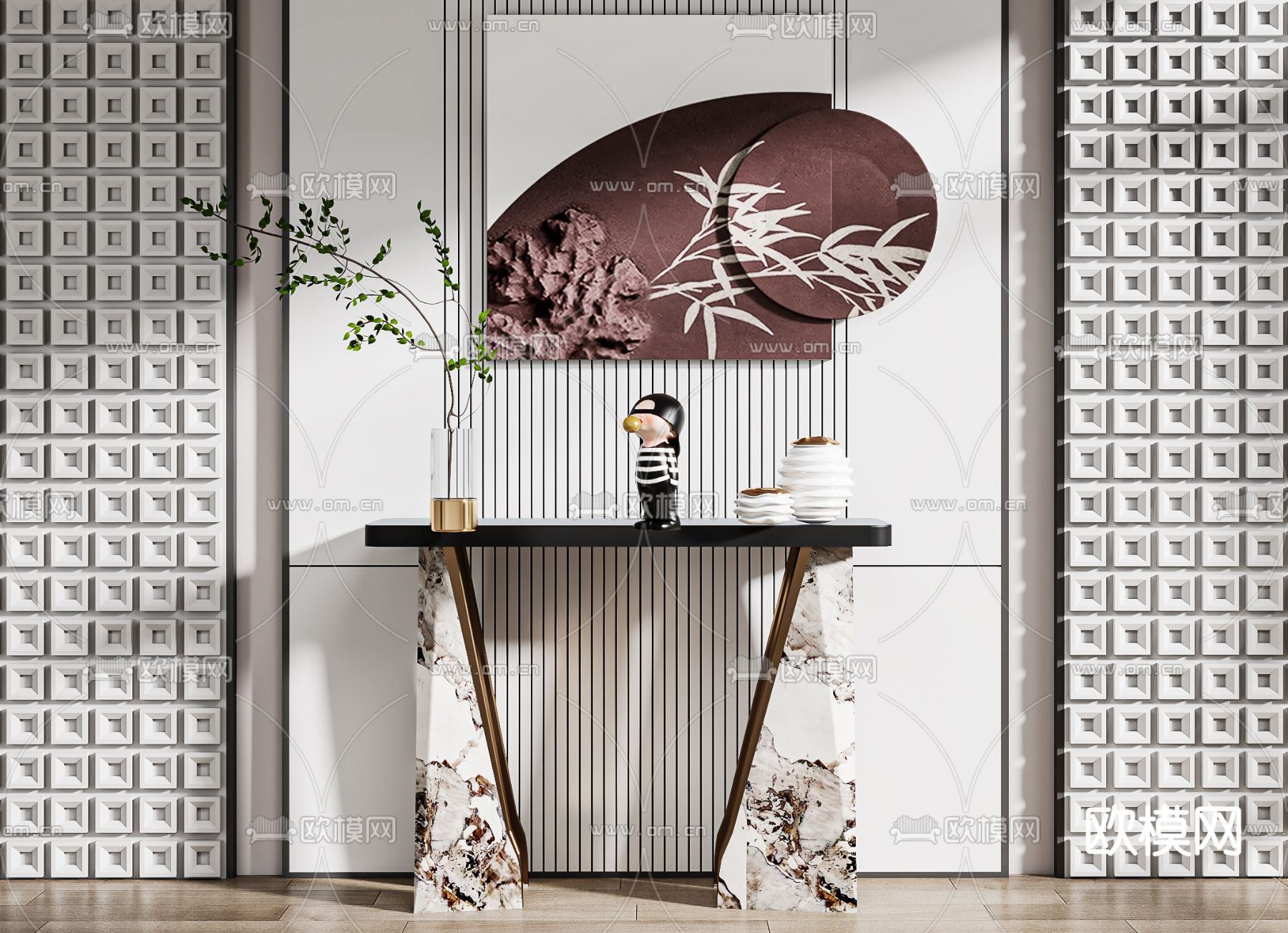 新中式端景台 条案3d模型下载（渲染图3）