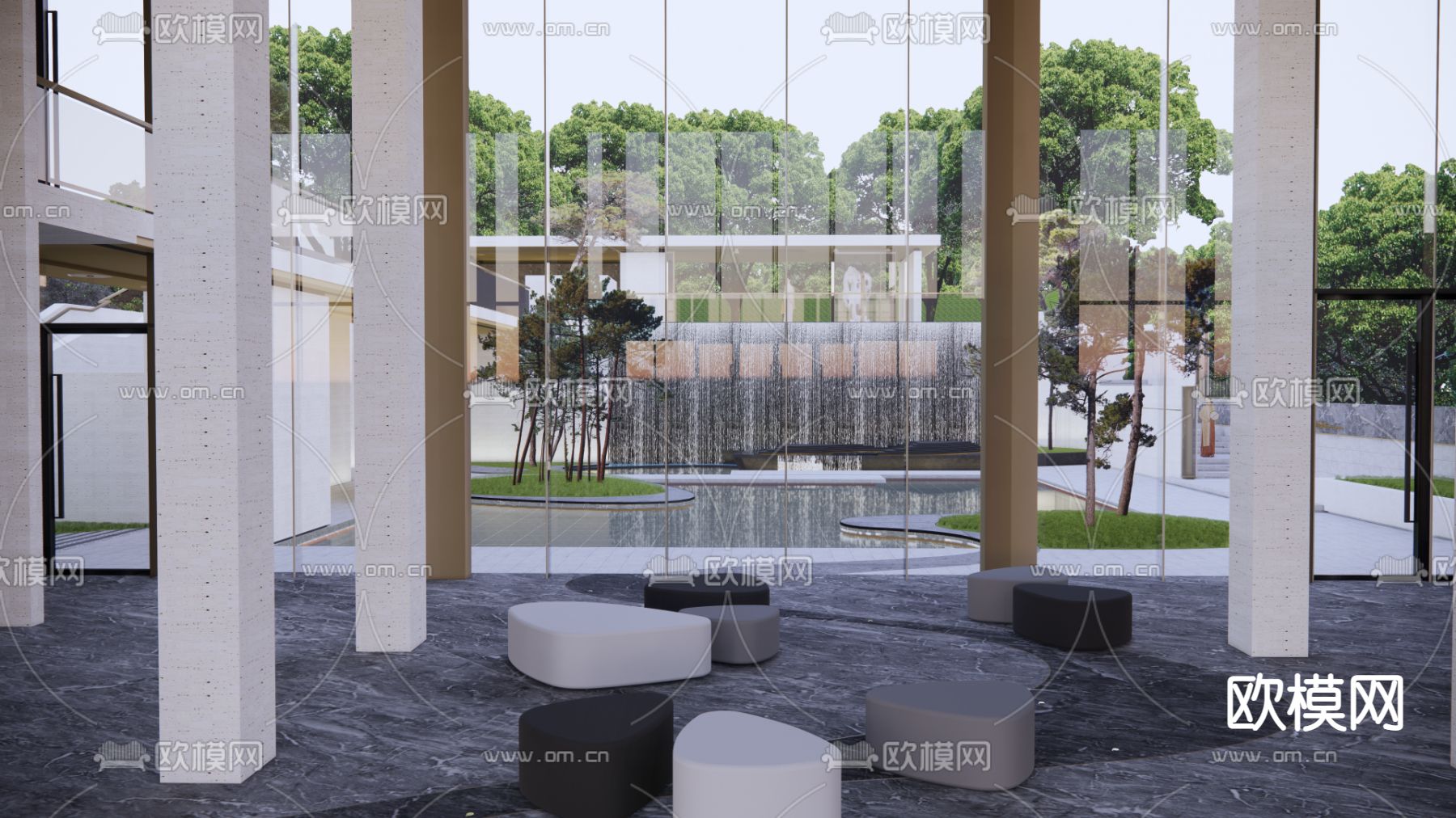 新中式下沉庭院su模型下载（渲染图2）