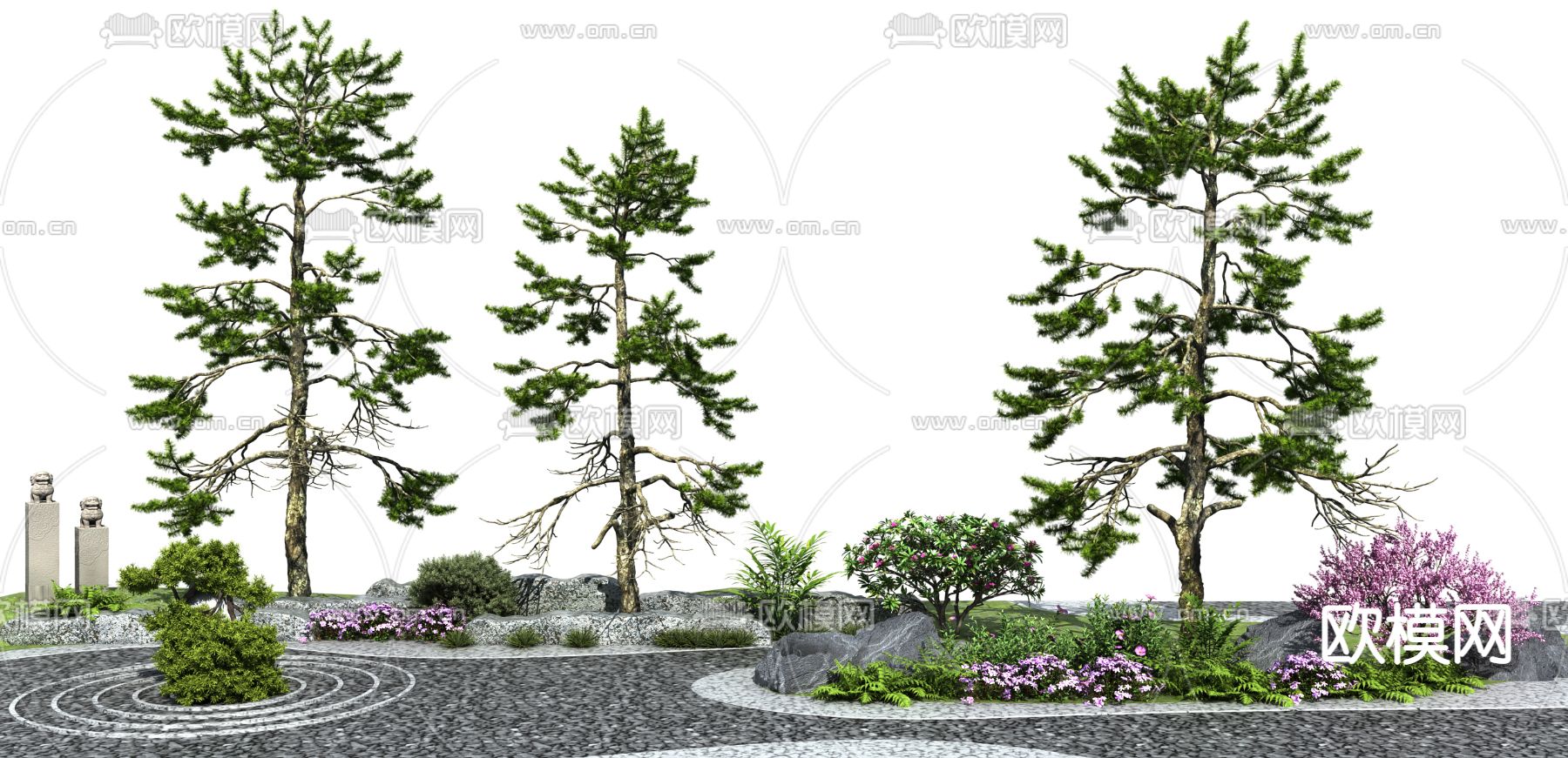 新中式松树 景观树 迎客松 石头狮柱su模型下载（渲染图1）