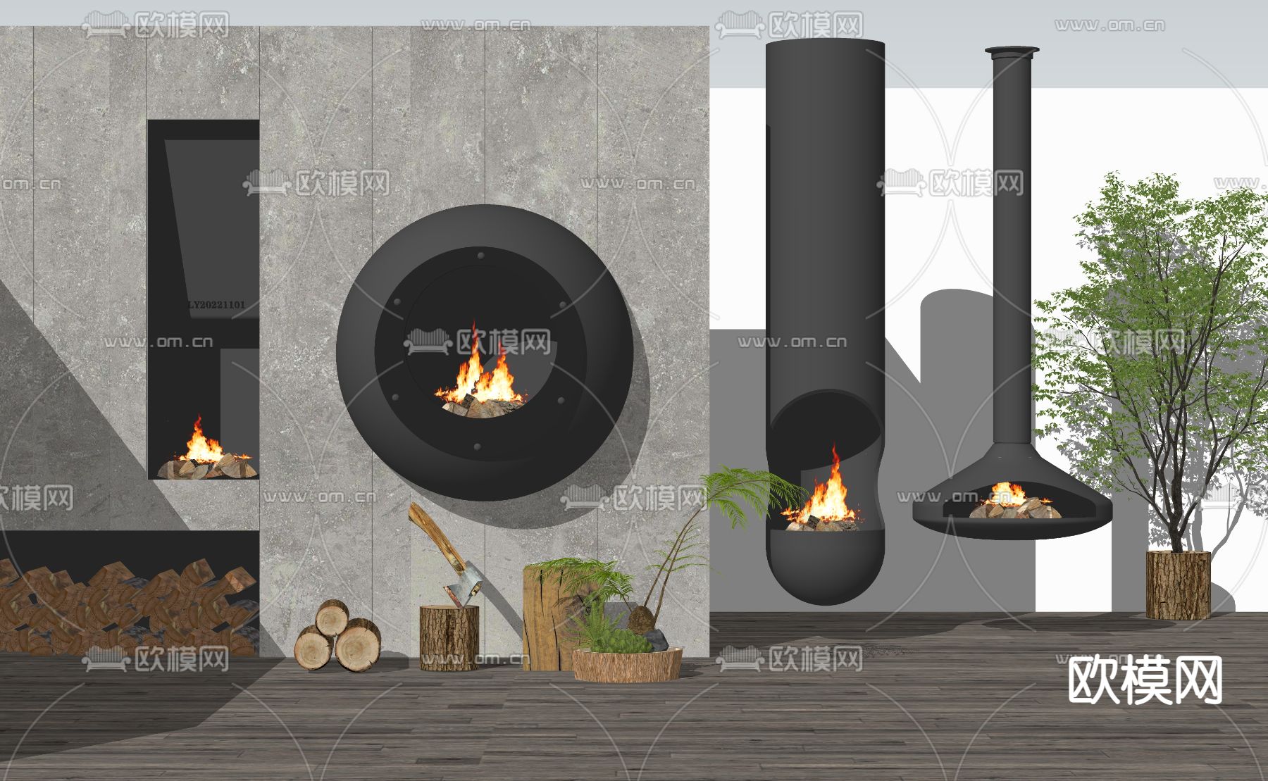 现代壁炉 柴火su模型下载（渲染图2）