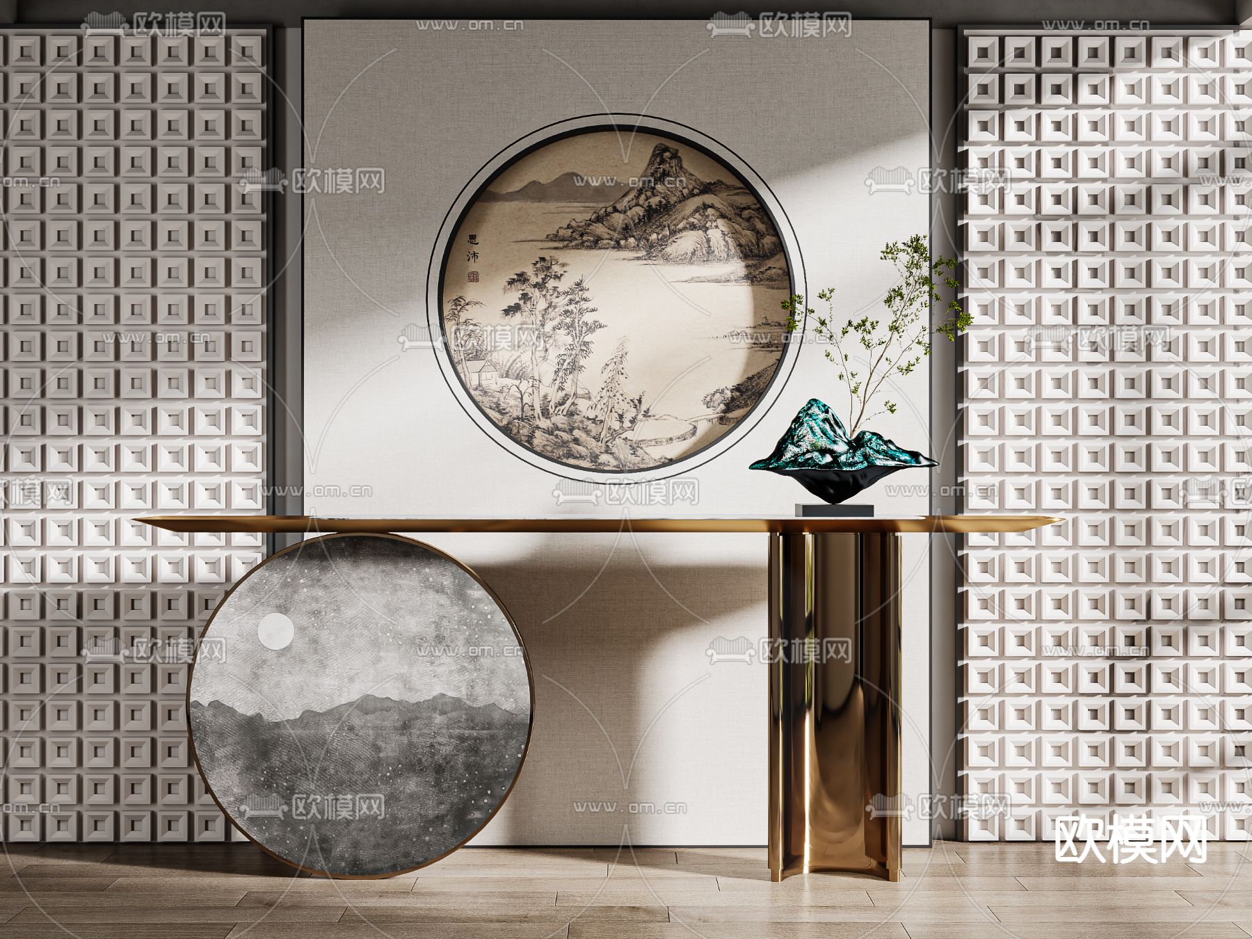 新中式端景台 条案3d模型下载（渲染图1）