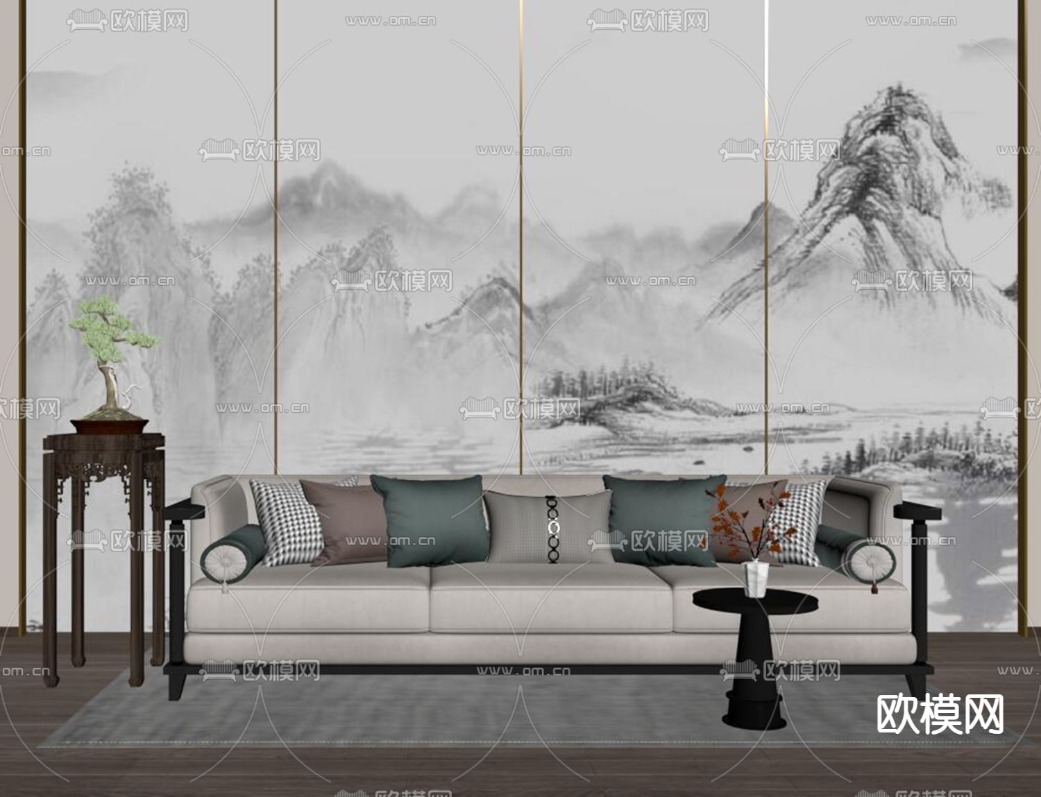 新中式多人沙发su模型下载（渲染图2）