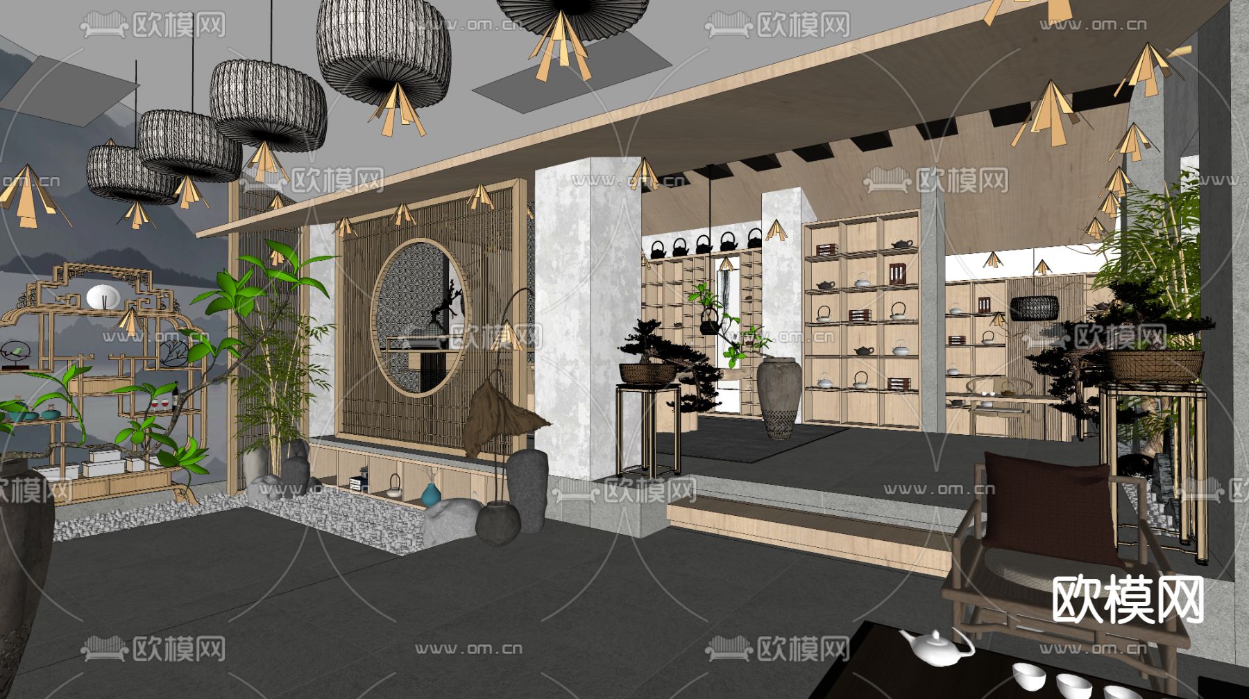 新中式茶文化展厅su模型下载（渲染图2）