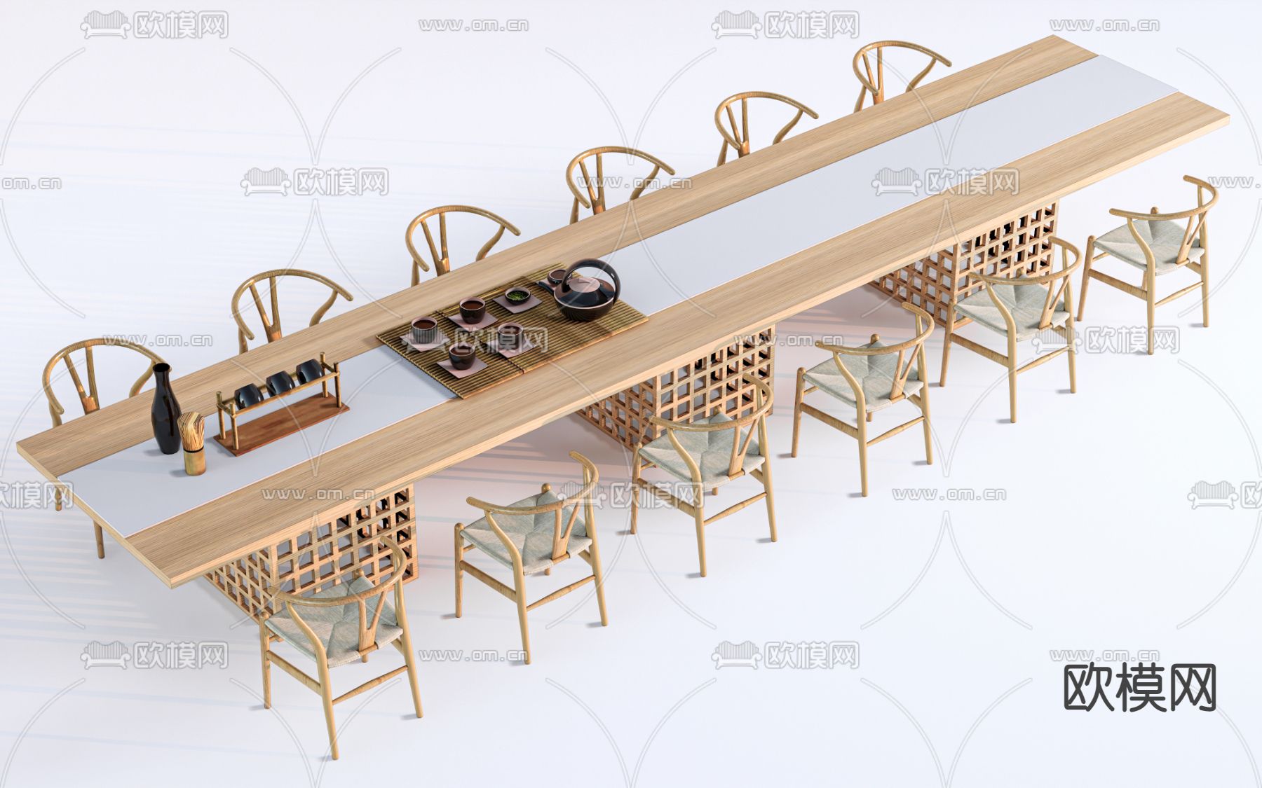 新中式会议桌 长会议台su模型下载（渲染图1）